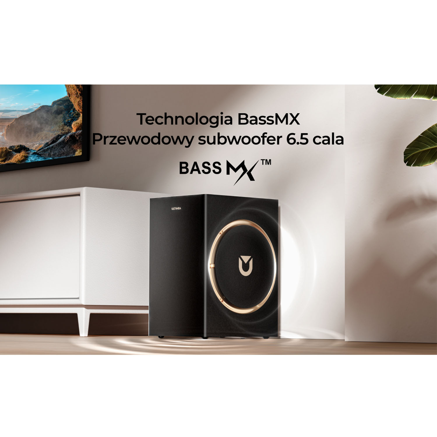 Czarny subwoofer ze złotym pierścieniem w pokoju. Polskim tekstem opisującym jego cechy.