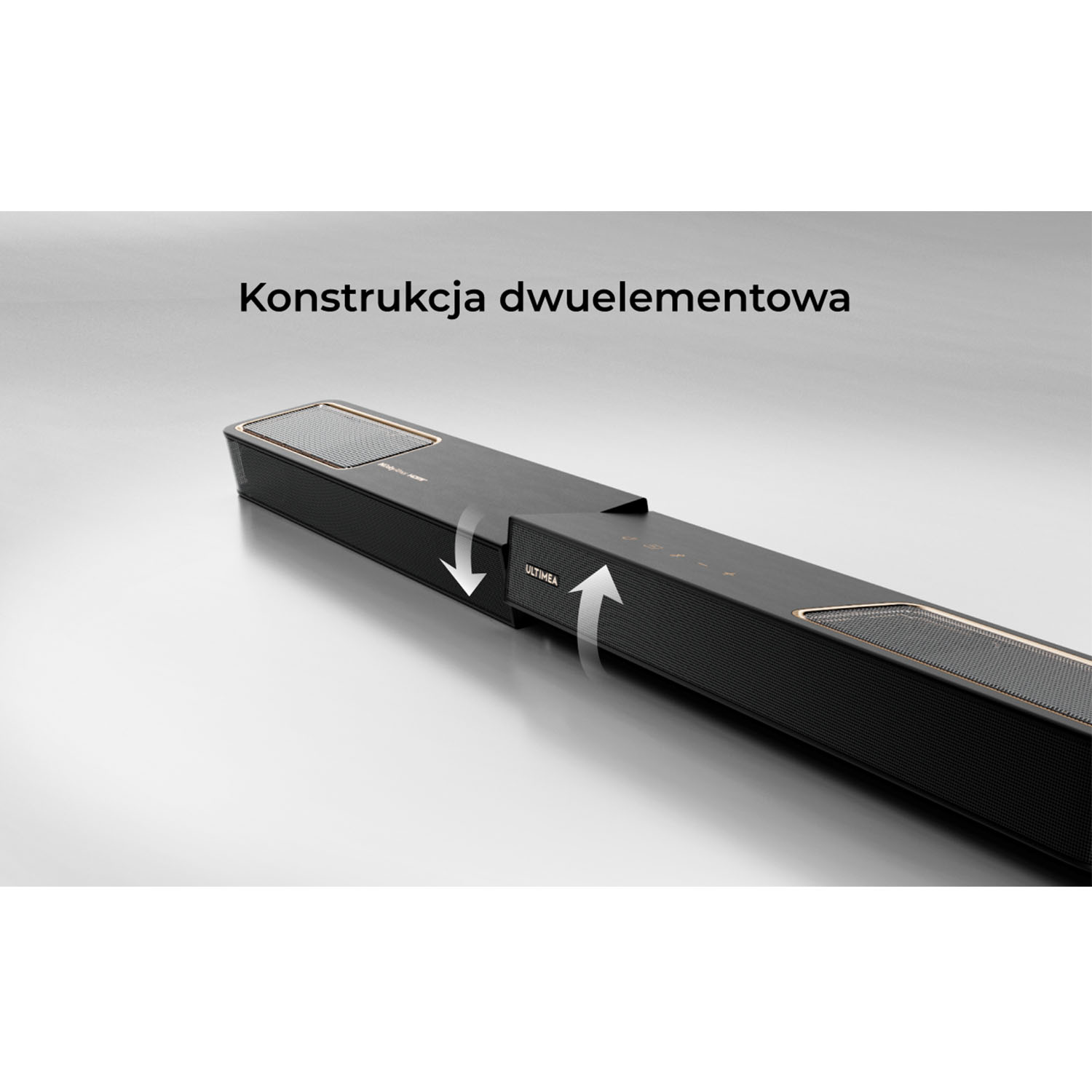 Czarny soundbar z dwóch części jest pokazany podczas rozdzielania. Strzałki wskazują separację. Tekst mówi: 'Dwuelementowa konstrukcja'.