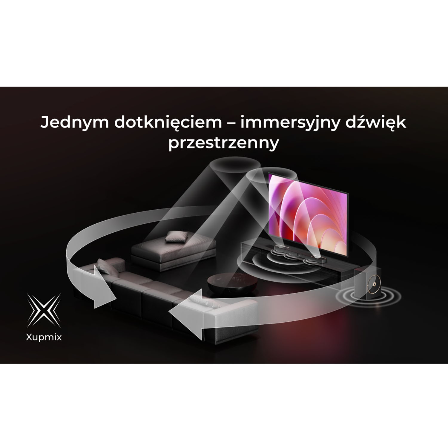 Schemat salonu z telewizorem wyświetlającym abstrakcyjne kolory, sofą i falami dźwiękowymi. Tekst: Immersyjny dźwięk przestrzenny.