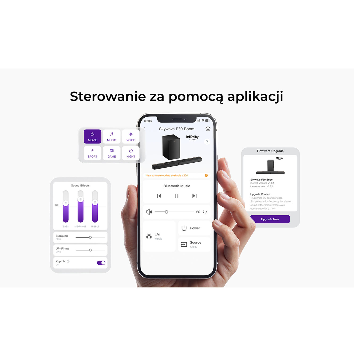 Ręka trzyma telefon z aplikacją soundbara. Ekran pokazuje kontrolki audio, aktualizację oprogramowania i model soundbara.