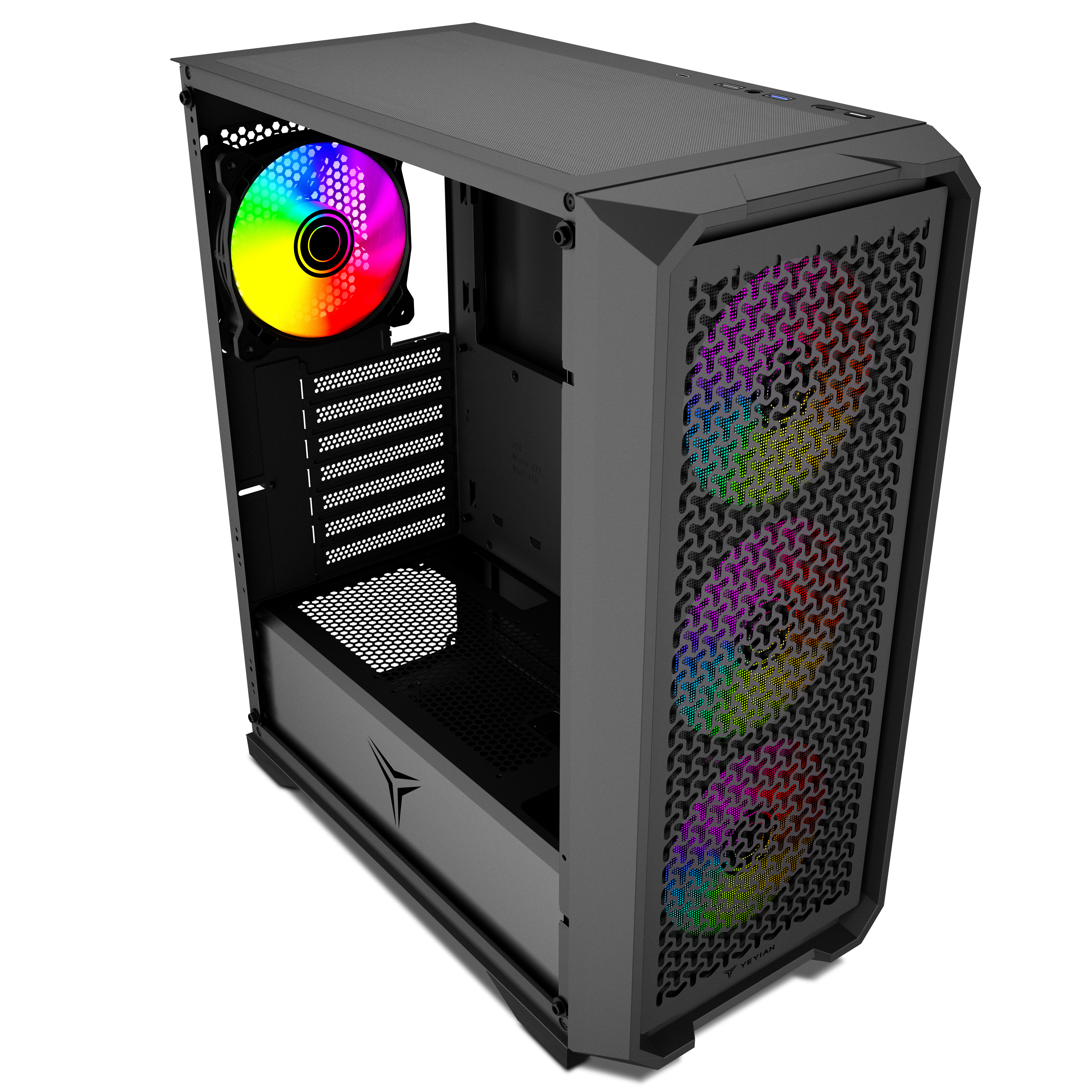 Una caja de ordenador negra con un ventilador colorido a la izquierda y un frontal estampado con luces de arco iris. La caja está sobre un fondo blanco.