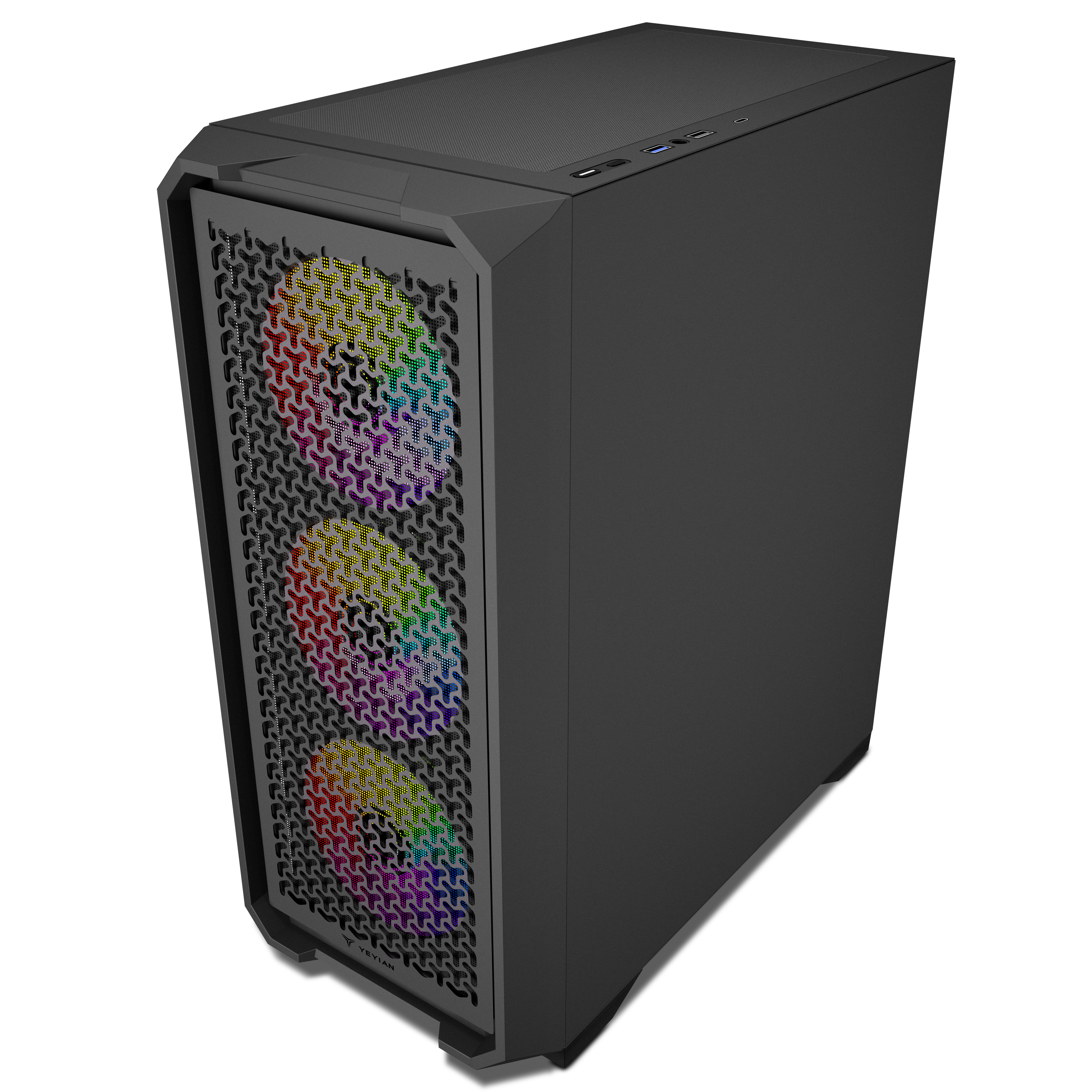 Caja de computadora negra con panel frontal estampado, mostrando luces coloridas. Tiene puertos superiores y una parte superior de malla.