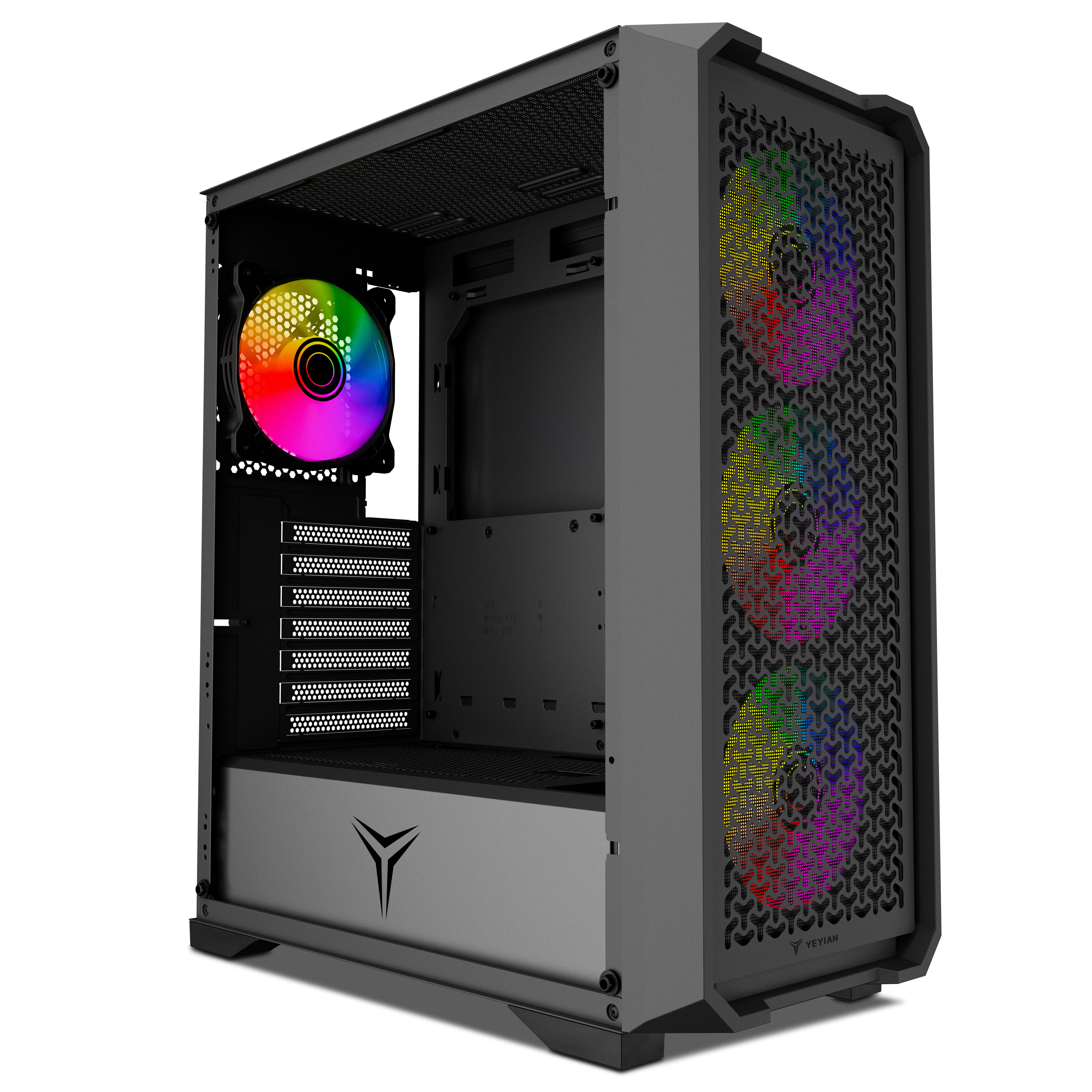 Se muestra una caja de computadora con un ventilador de arcoíris, un panel lateral perforado con luces y el logotipo de la marca.