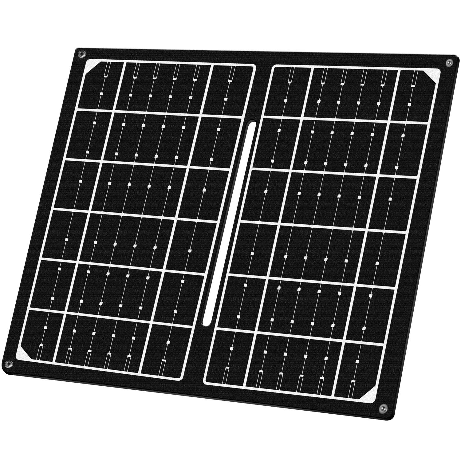 Składany panel słoneczny z czarną powierzchnią i białymi liniami siatki. Panel jest prostokątny z zaokrąglonymi rogami i metalowymi nitami.