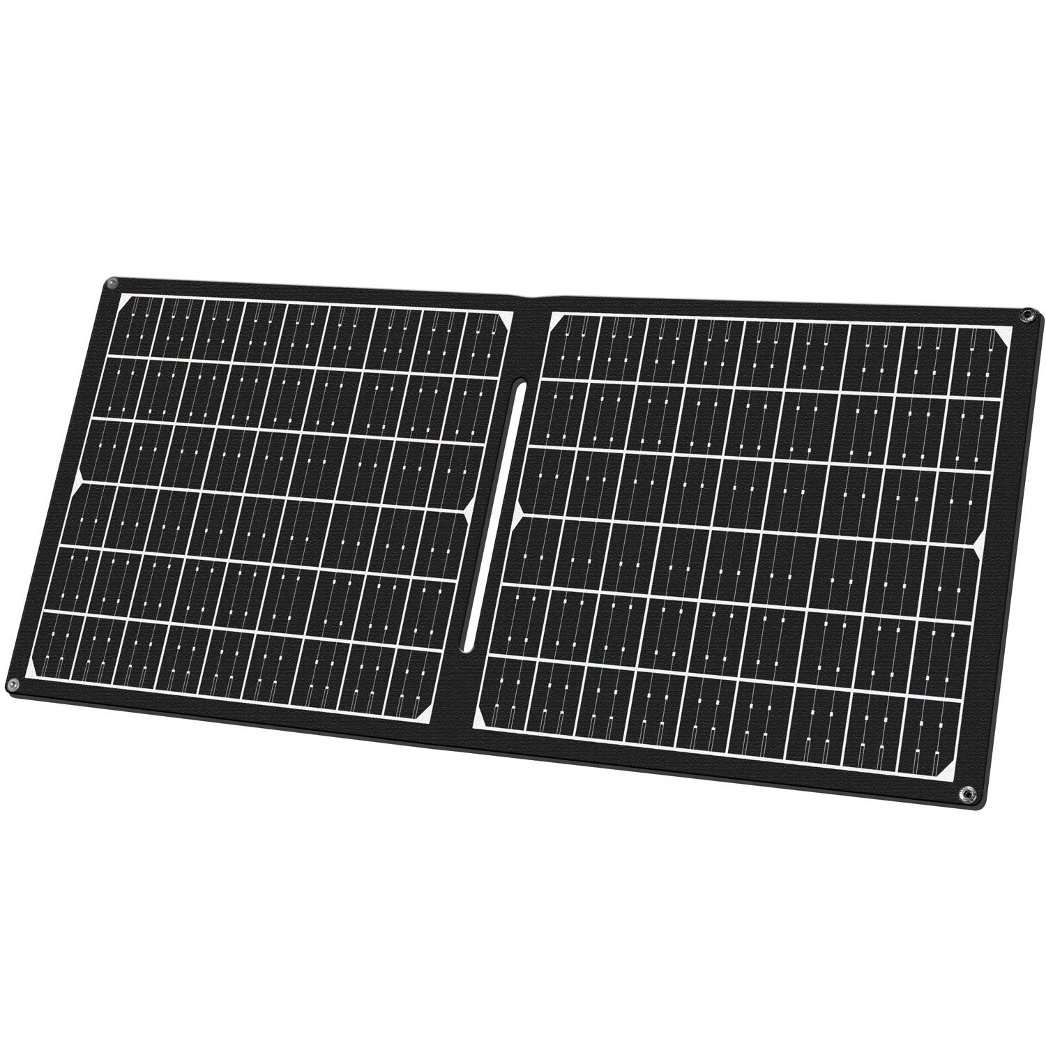 Pannello solare pieghevole, nero con motivo a griglia bianca. Due pannelli collegati con una cerniera. Cornice nera e sfondo bianco.