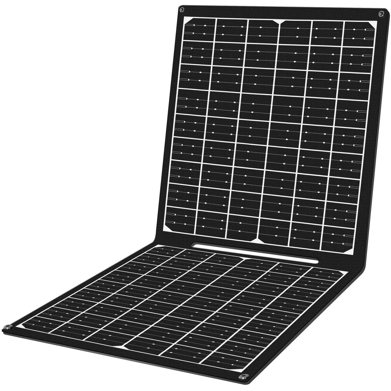 Un pannello solare nero in configurazione aperta simile a un laptop. Schema a griglia bianca con quadrati multipli.