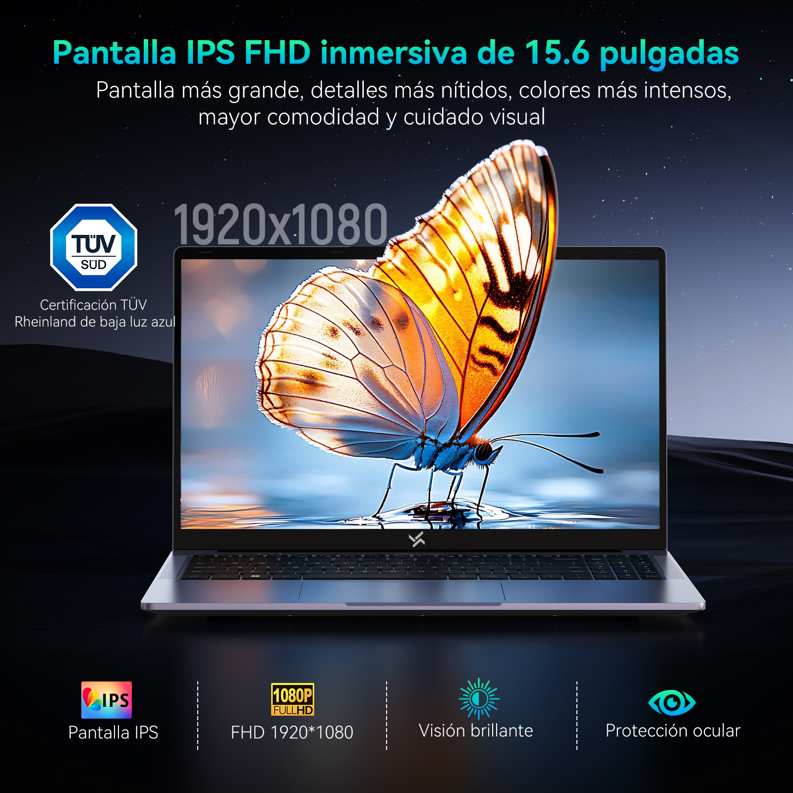 Pantalla de portátil con mariposa. Texto indica IPS, FHD, y protección ocular. Pantalla de 15,6 pulgadas.