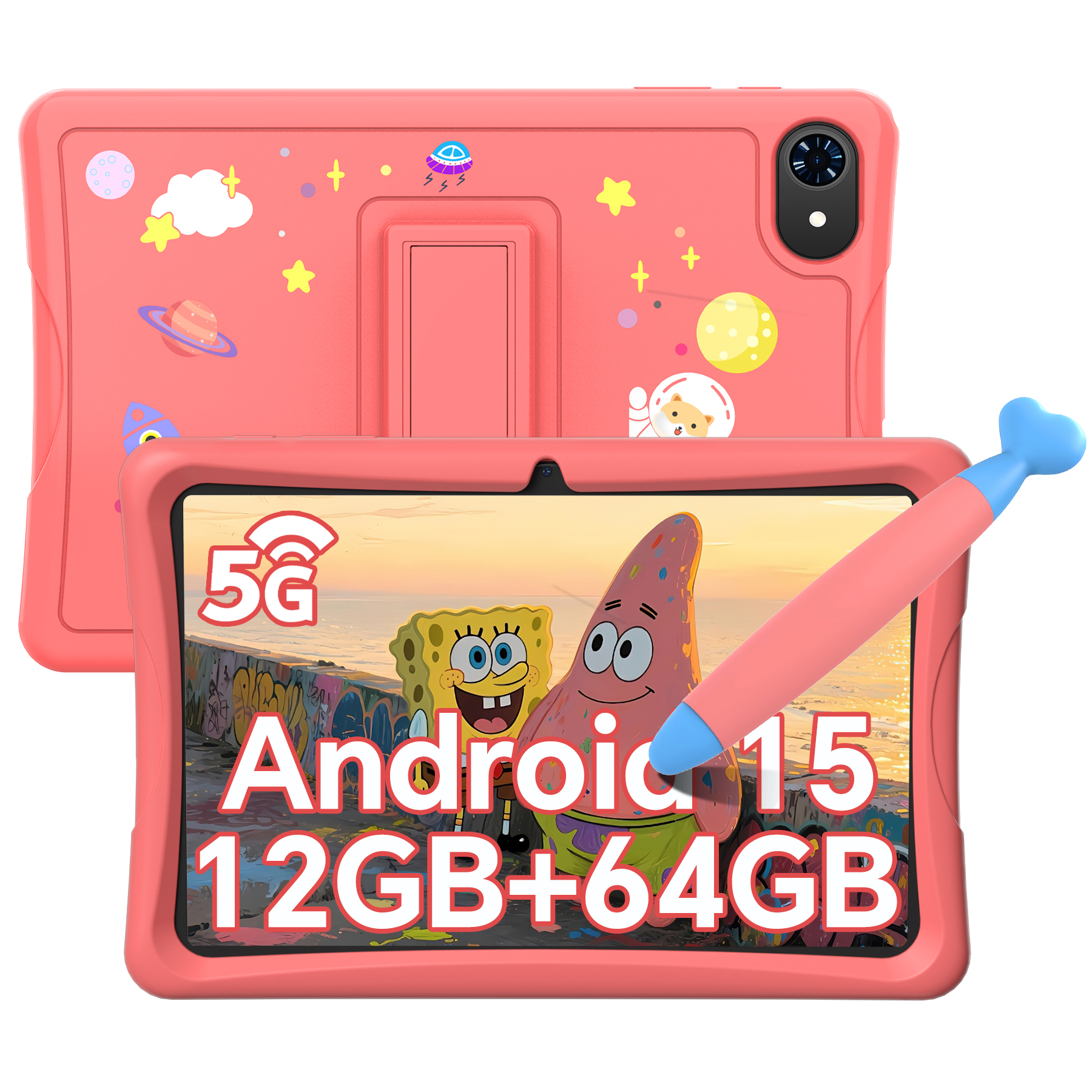 Roze tablet met cartoonontwerp, Android 15. Scherm toont SpongeBob en Patrick. Styluspen met hartvormige punt.
