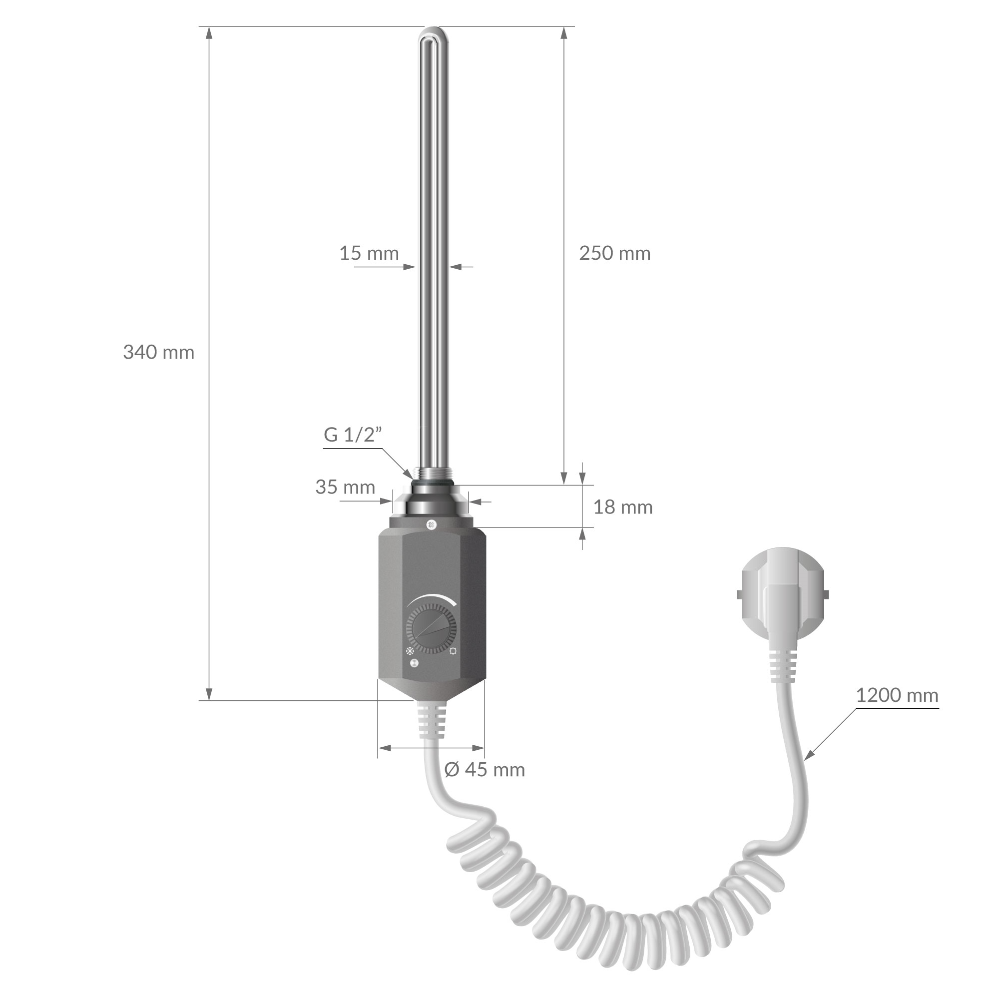 Diagramm eines Heizelements. Es zeigt Abmessungen: 340 mm, 250 mm, 15 mm, 35 mm, 18 mm, 45 mm und 1200 mm. Es hat einen Netzstecker.