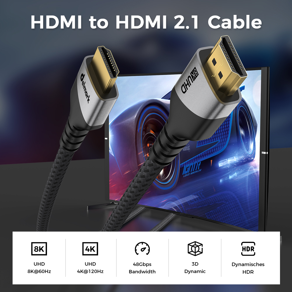 Twee HDMI-kabels met zilveren connectoren en zwart gevlochten kabels worden weergegeven voor een autoracespel. Tekst bevat 8K, 4K en HDR.