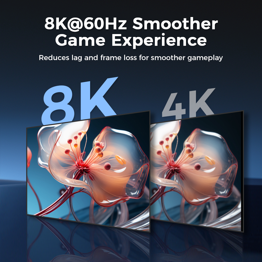 Afbeelding vergelijkt 8K en 4K schermen. 8K heeft soepelere game-ervaring. Schermen tonen bloemkunst. Tekst: 8K@60Hz Smoother Game.