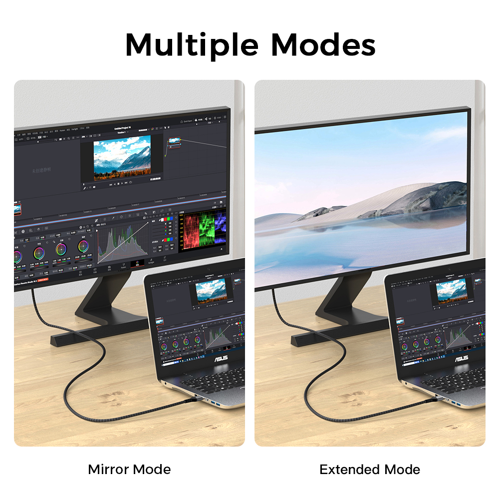Twee monitoren naast elkaar, één in spiegelmodus en de andere in uitgebreide modus, verbonden met laptops.