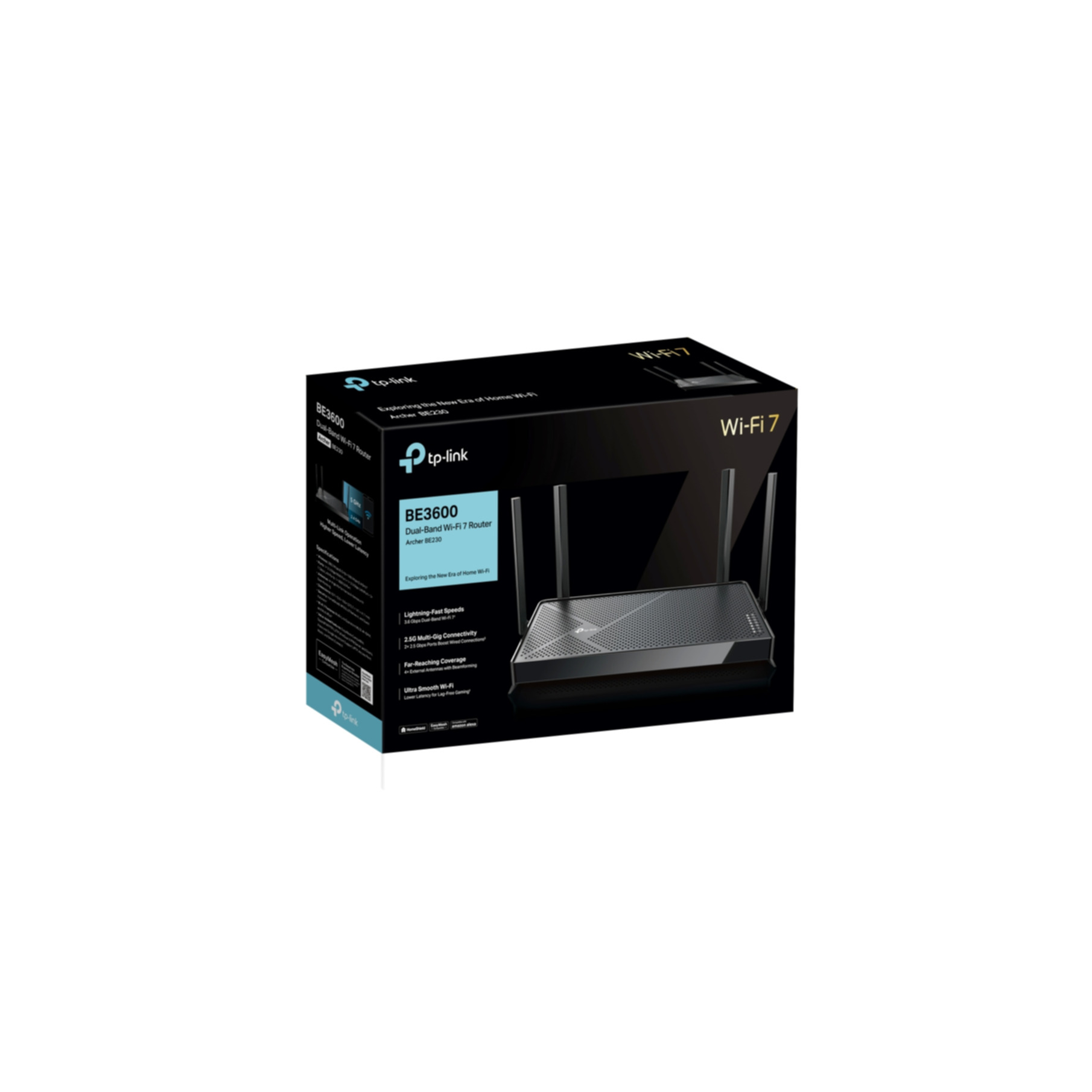 Czarne pudełko routera Wi-Fi 7 TP-Link BE3600 z antenami. Zawiera dużą prędkość, łączność multi-gig i szeroki zasięg.