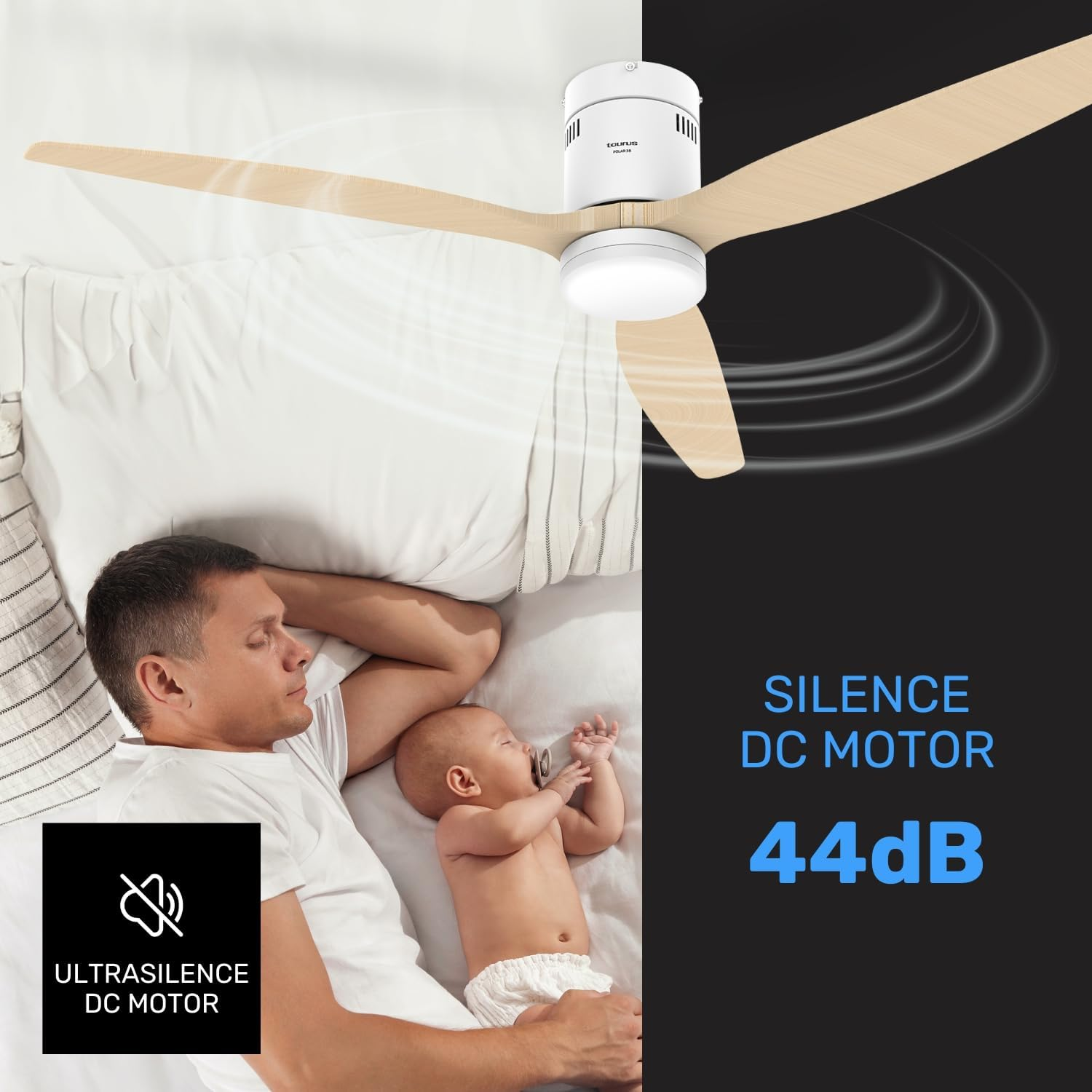 Un hombre y un bebé duermen bajo un ventilador de techo. El texto dice 'Silence DC Motor 44dB' y 'Ultrasilence DC Motor'.