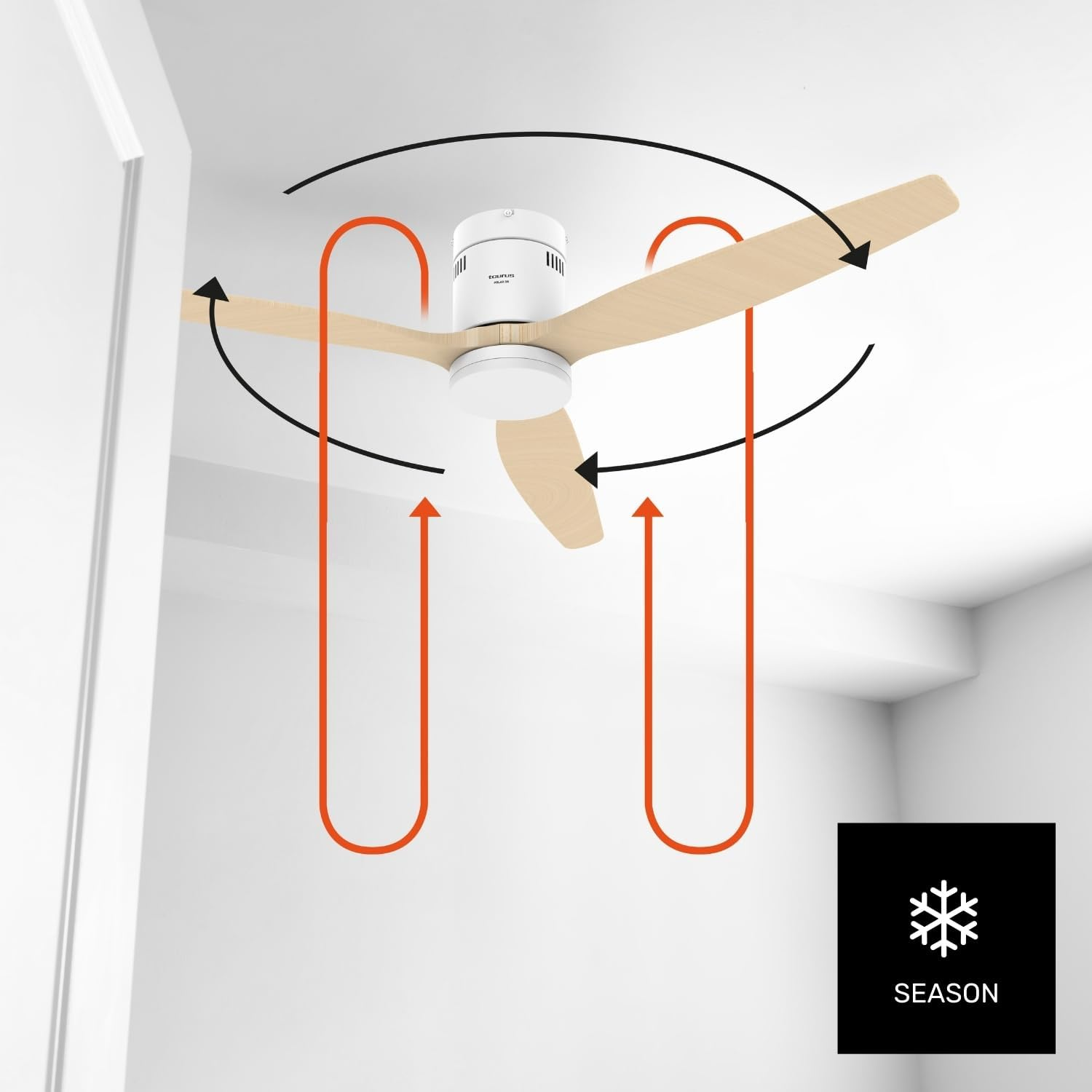 Se muestra un ventilador de techo con aspas de madera. Las flechas indican la dirección de circulación del aire. Un cuadrado negro con un copo de nieve y la palabra SEASON.