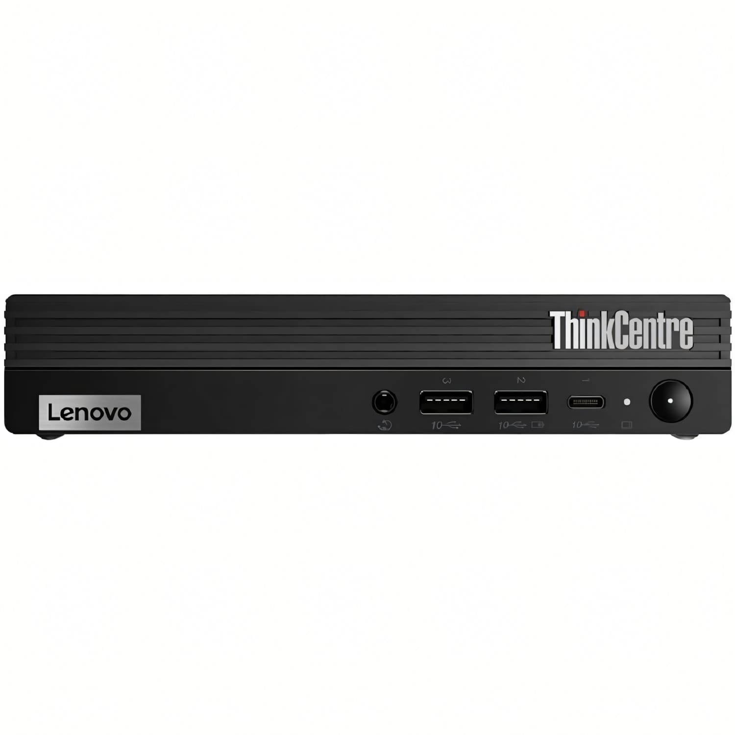 Una computadora de escritorio Lenovo ThinkCentre negra. Tiene múltiples puertos USB y un botón de encendido en la parte frontal, con el logotipo de Lenovo.