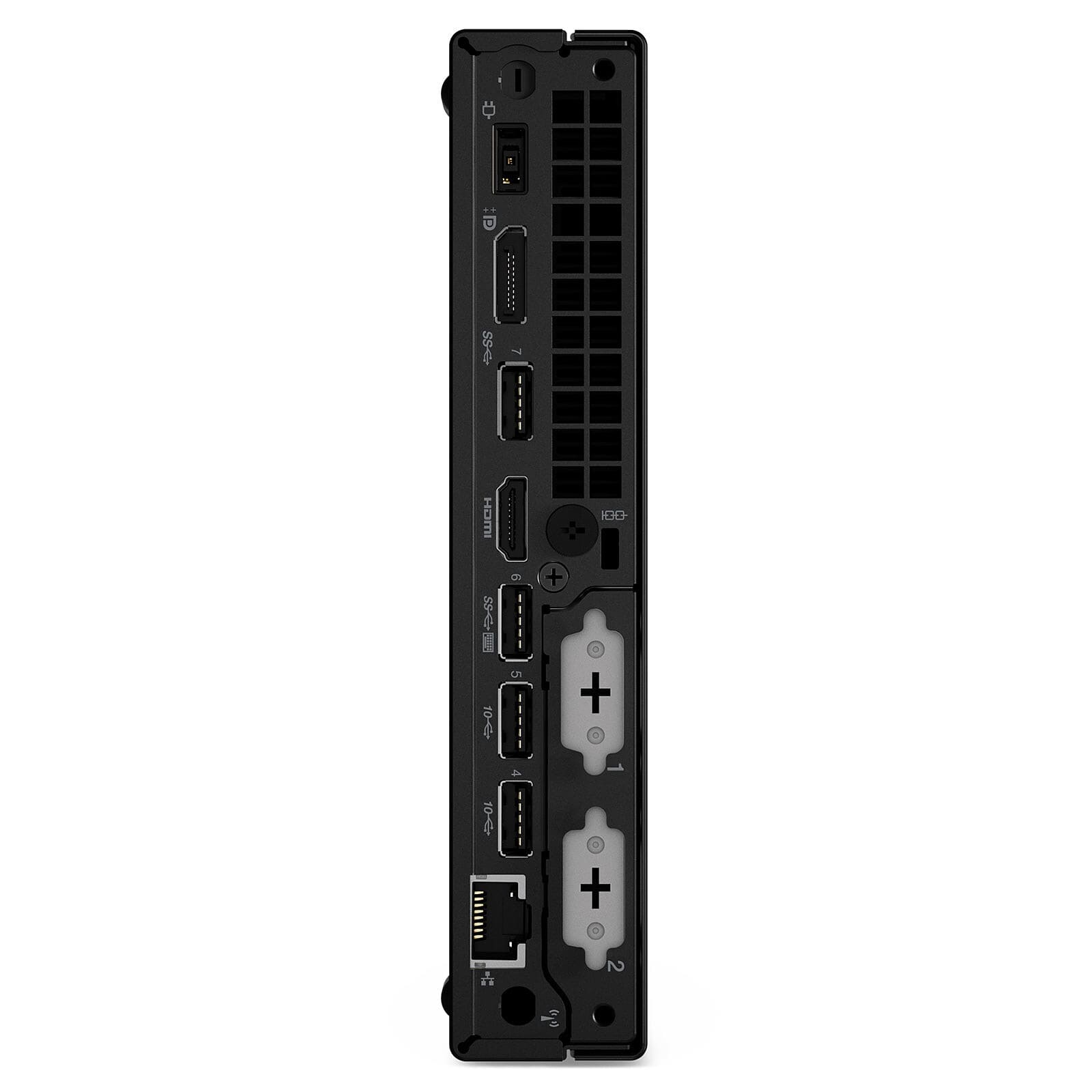 Primer plano de una computadora negra. Puertos incluyen HDMI, USB y Ethernet. Símbolos más y menos visibles.