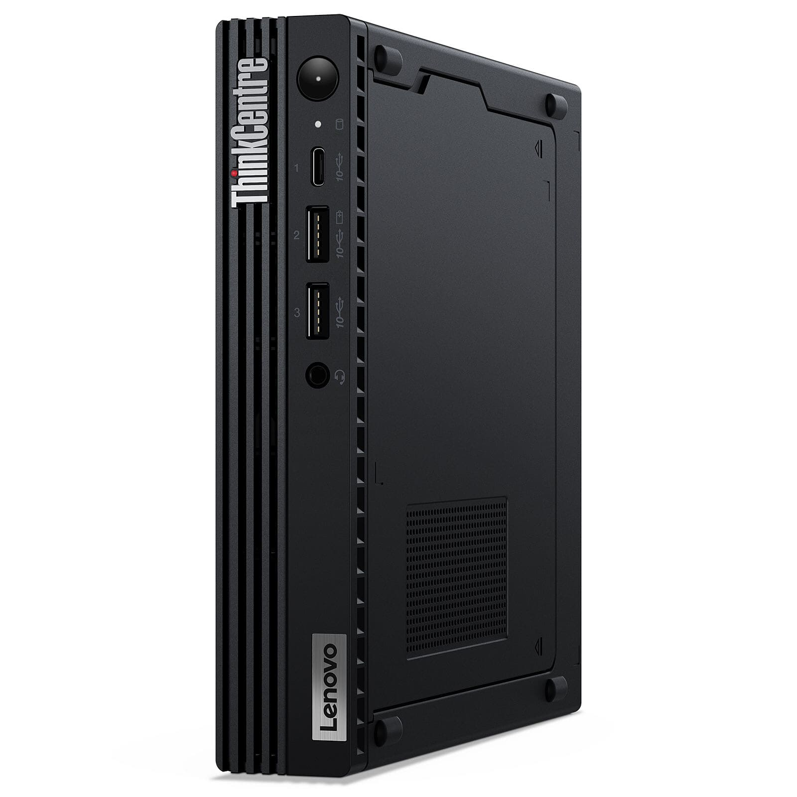 PC de escritorio Lenovo ThinkCentre negro. Puertos y logotipos visibles en la parte delantera. Fondo blanco.