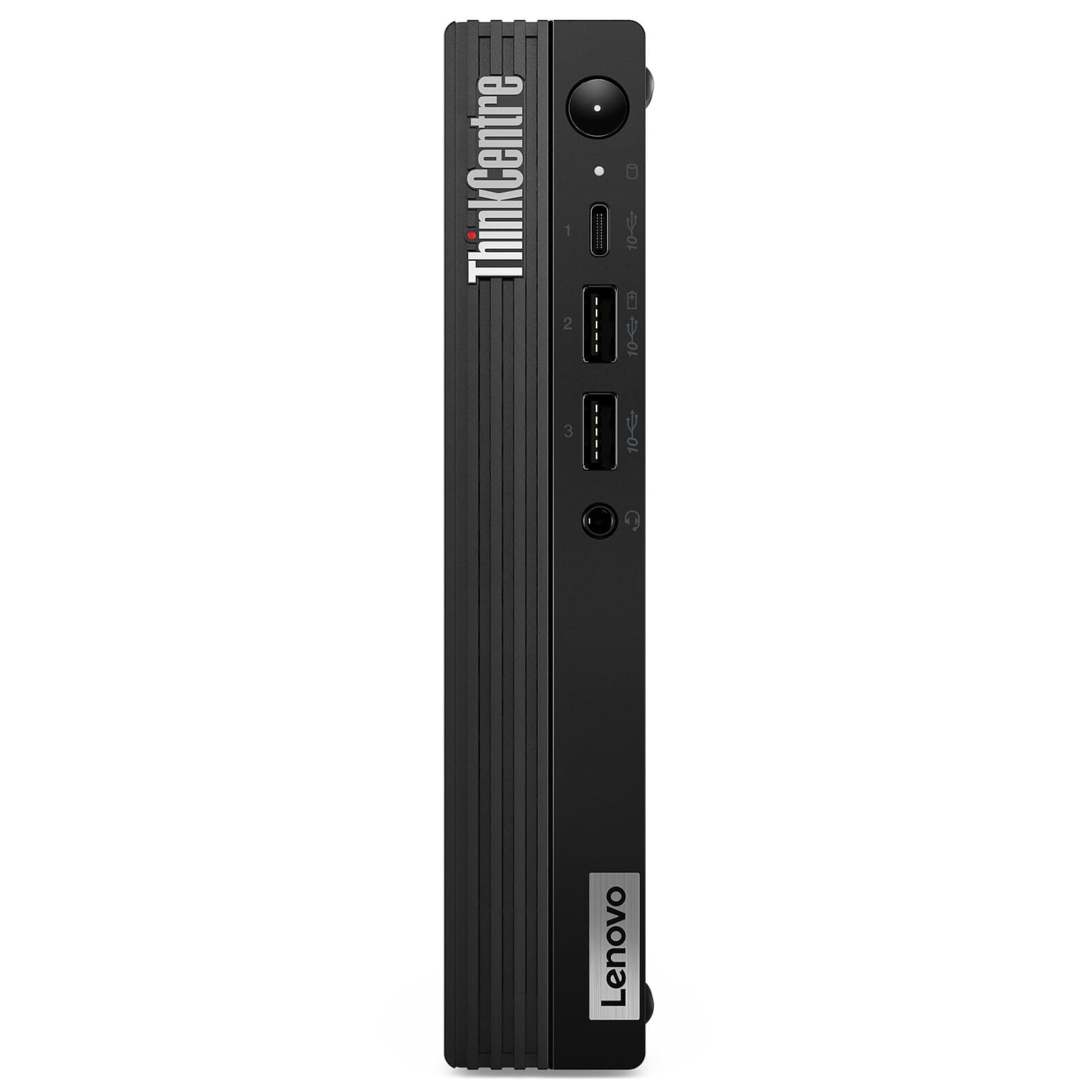Una computadora de escritorio ThinkCentre negra. El frente tiene puertos para USB, audio y alimentación.