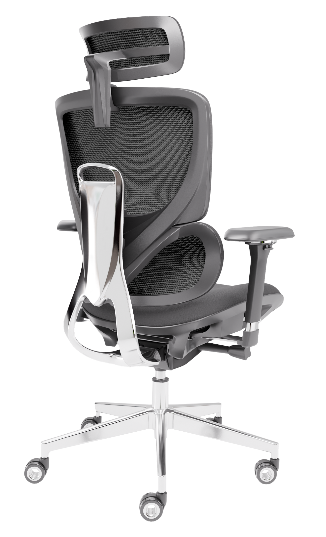Ergonomischer Bürostuhl. Graues Mesh-Rücken und Kopfstütze, schwarzer Sitz, Chromrahmen und Armlehnen. Rollfuß. Grauer Hintergrund.