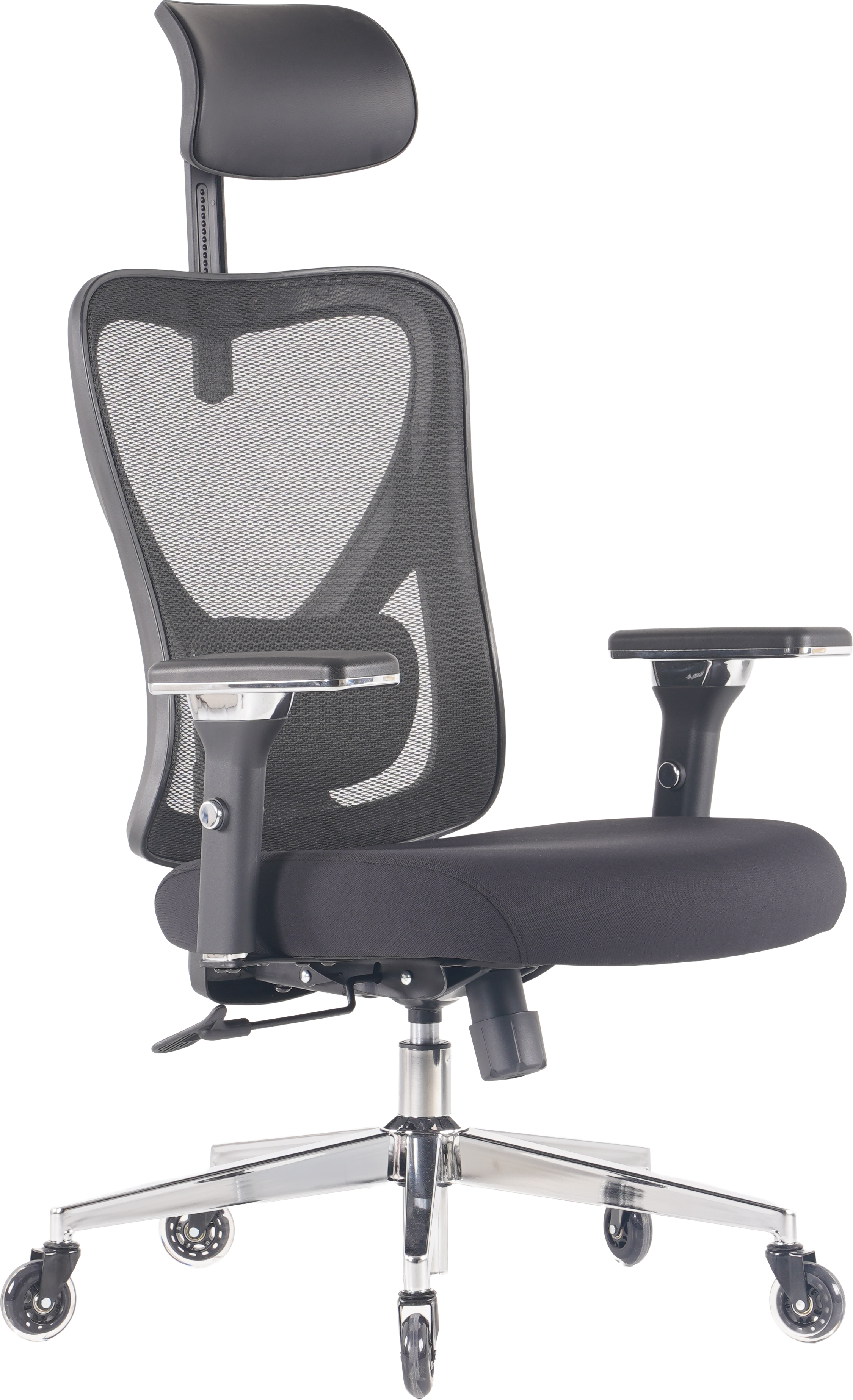 Schwarzer ergonomischer Bürostuhl. Mit Netzrücken, verstellbarer Kopfstütze, Armlehnen und Rollen. Chrombasis.