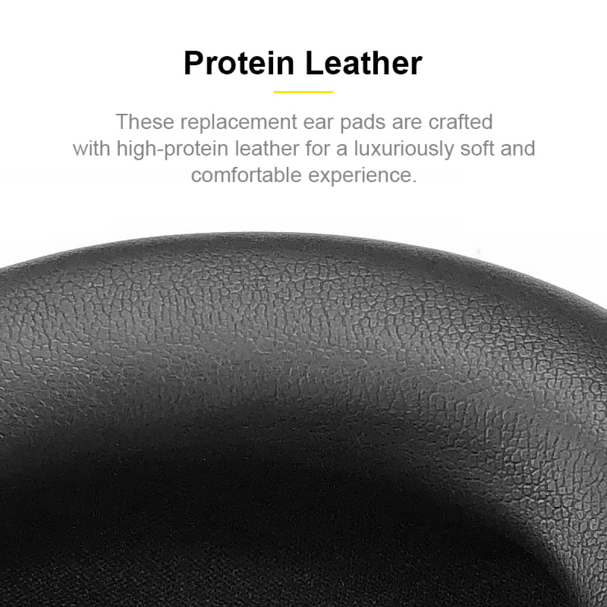 Nahaufnahme von schwarzen Proteinleder-Ohrpolstern. Die Textur ist sichtbar. Text-Overlay: 'Protein Leather'.