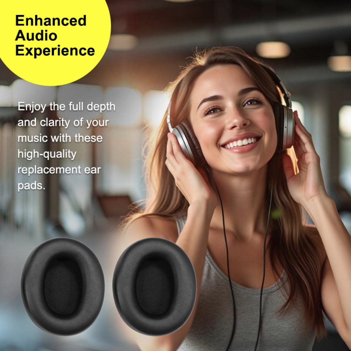 Eine lächelnde Frau trägt Kopfhörer. Zwei schwarze Ohrpolster sind im Vordergrund. Der Text lautet 'Enhanced Audio Experience' und Produktdetails.