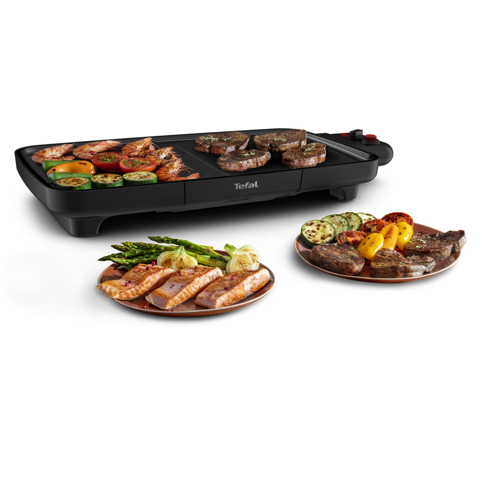 Parrilla Tefal negra con camarones cocidos, bistec y verduras. Salmón y bistec en platos.