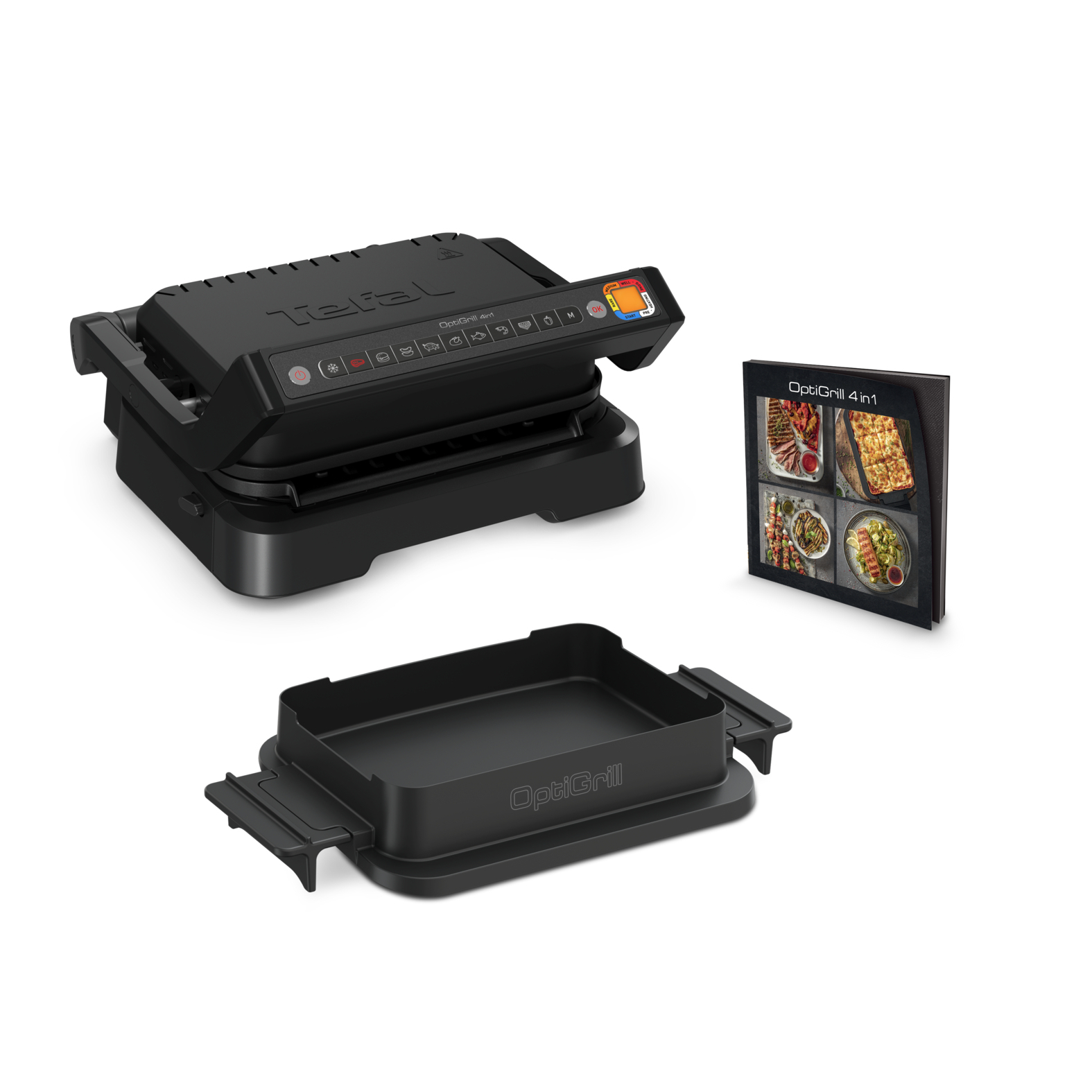 Tefal OptiGrill 4-in-1 nero. Include grill, vaschetta raccogli grasso e ricettario. Grill aperto, che mostra la superficie di cottura.