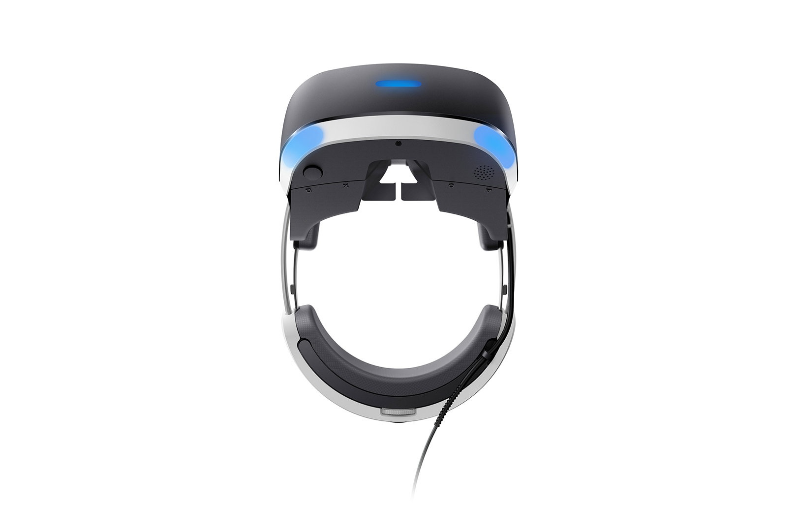 VR-Headset, Draufsicht. Es ist schwarz und weiß mit blauen Lichtern. Ein Kabel hängt herunter. Weißer Hintergrund.