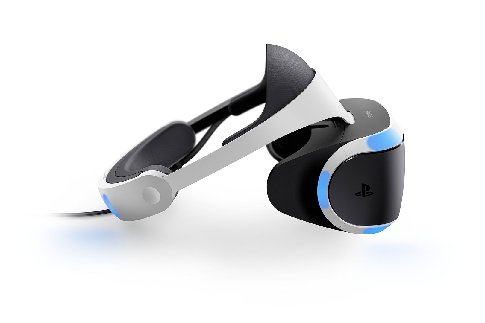 Ein weißes, schwarzes und graues VR-Headset mit blauen Lichtern. Das Headset befindet sich auf weißem Hintergrund. Das Sony-Logo ist sichtbar.