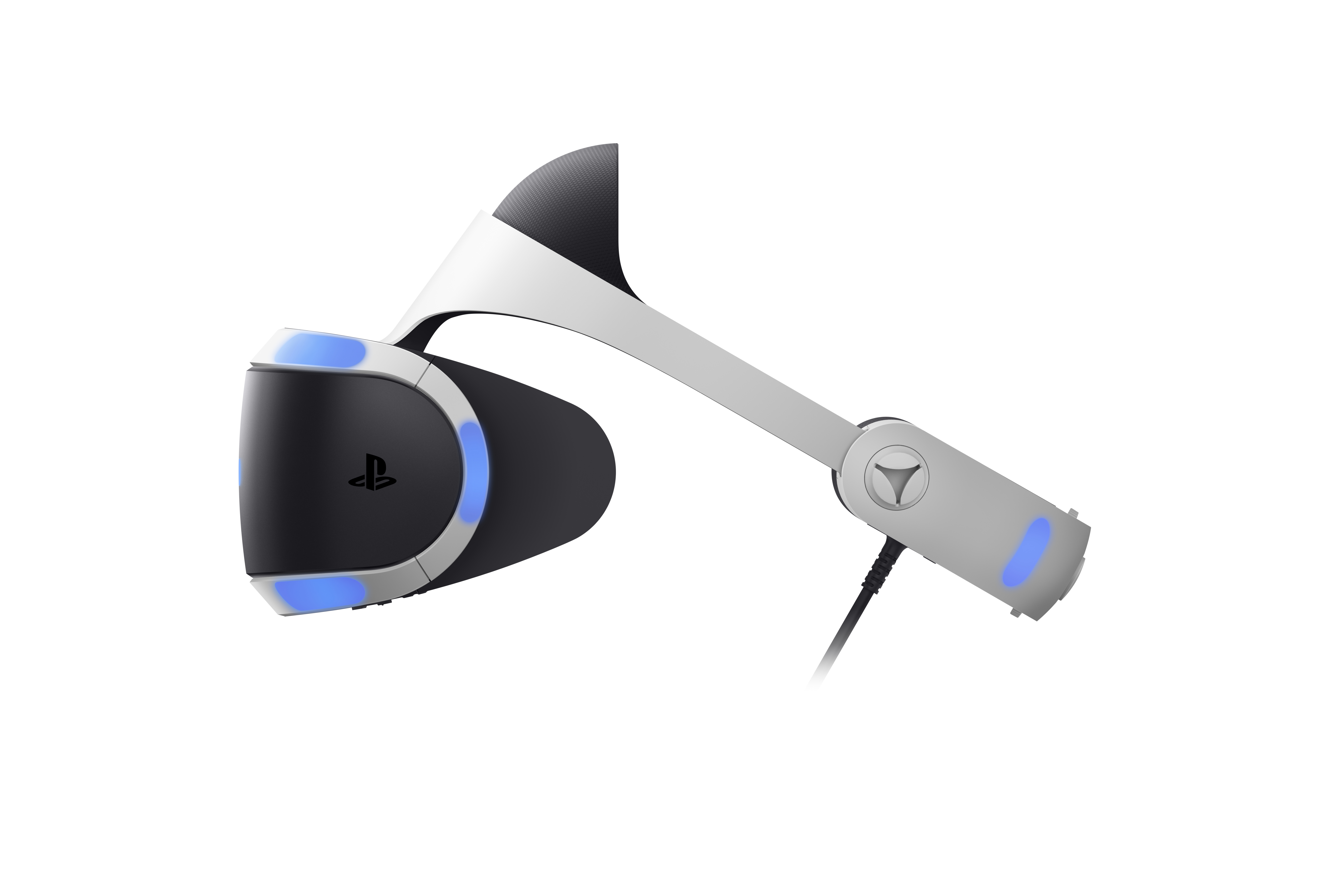 Ein VR-Headset, schwarz und weiß mit blauen Akzenten, auf weißem Hintergrund. Es hat das PlayStation-Logo.