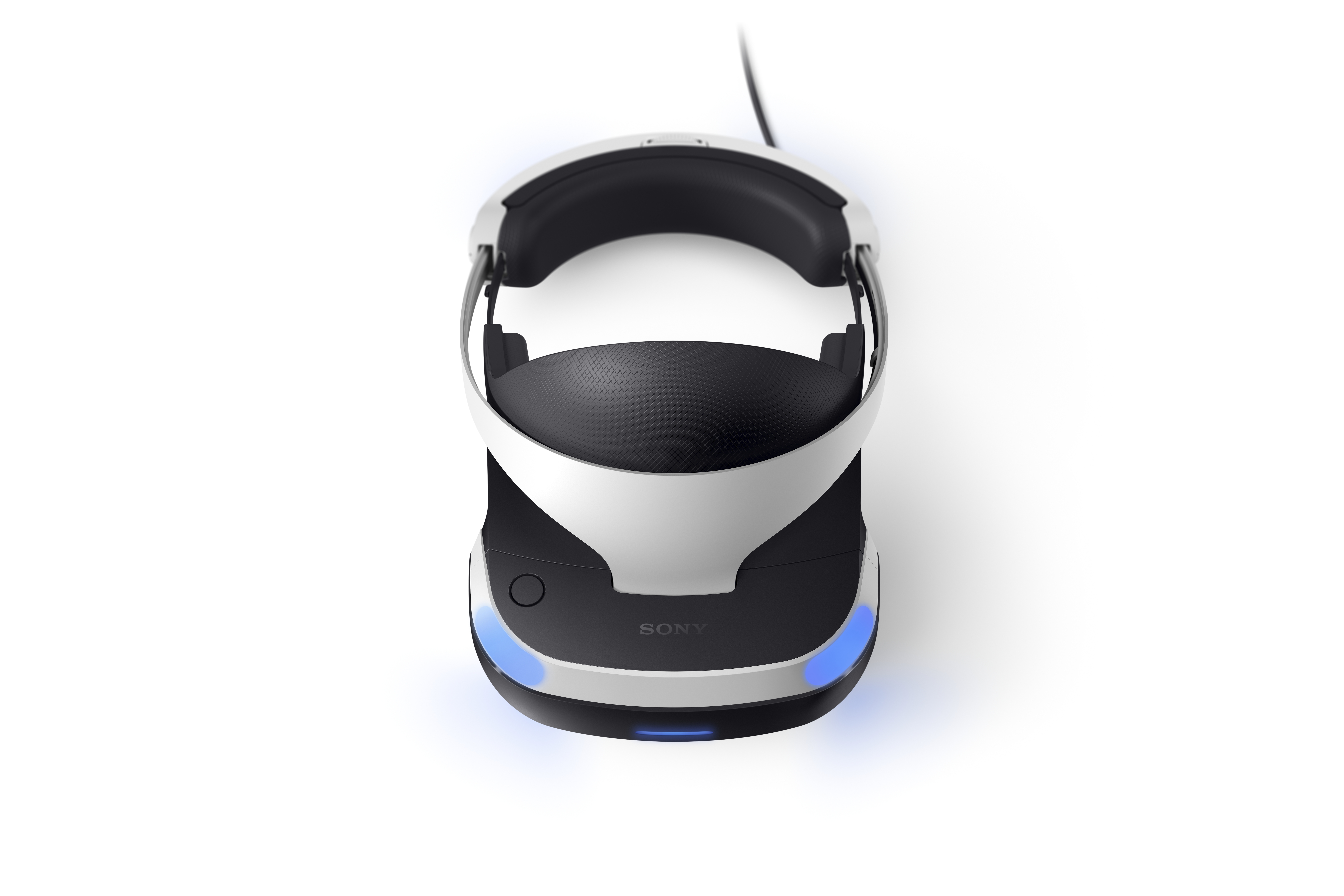 Ein weißes und schwarzes VR-Headset auf weißem Hintergrund. Das Sony-Logo ist auf der Vorderseite zu sehen.