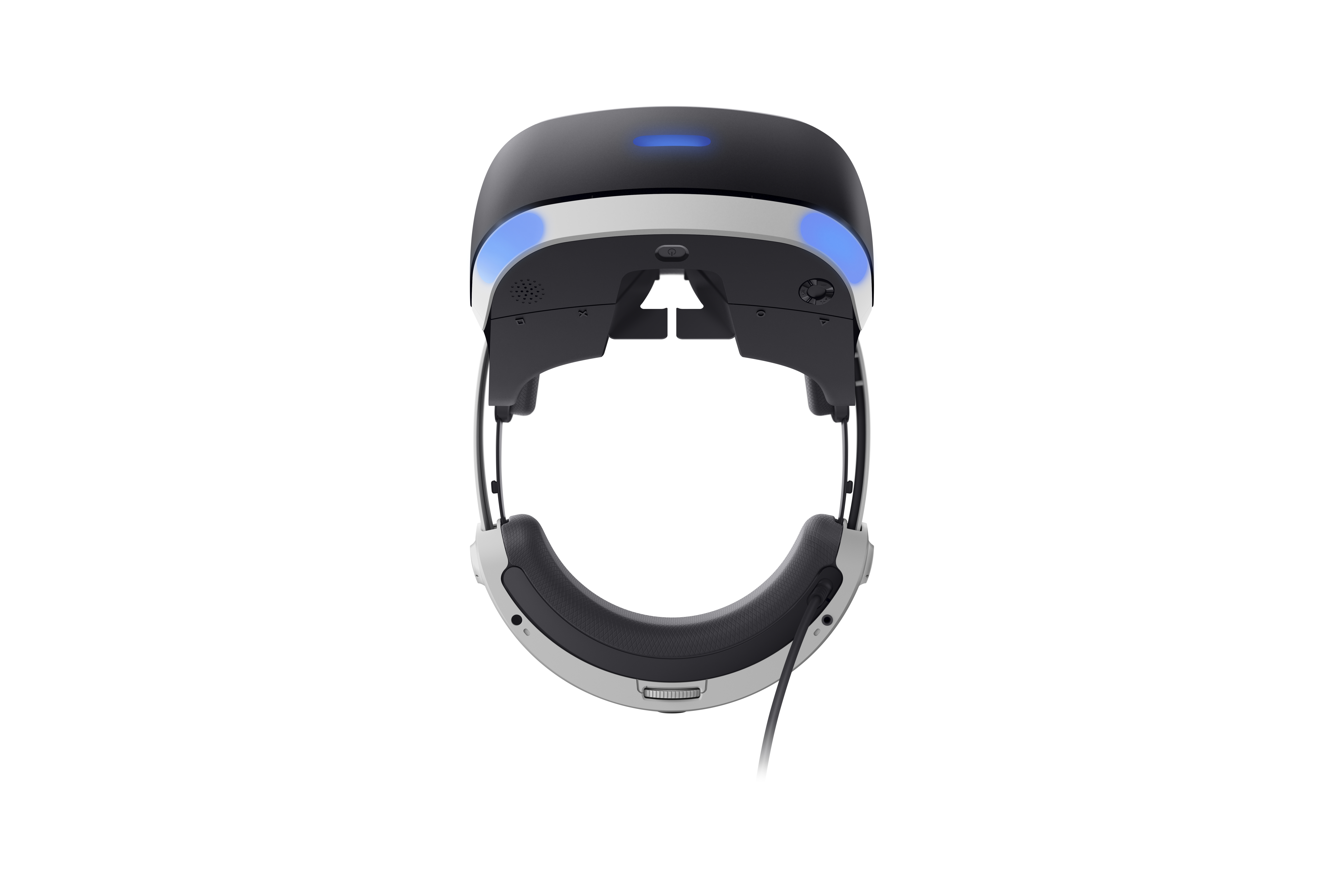 Ein VR-Headset wird angezeigt, schwarz und weiß mit blauem Licht und einem Kabel, das nach unten verläuft.