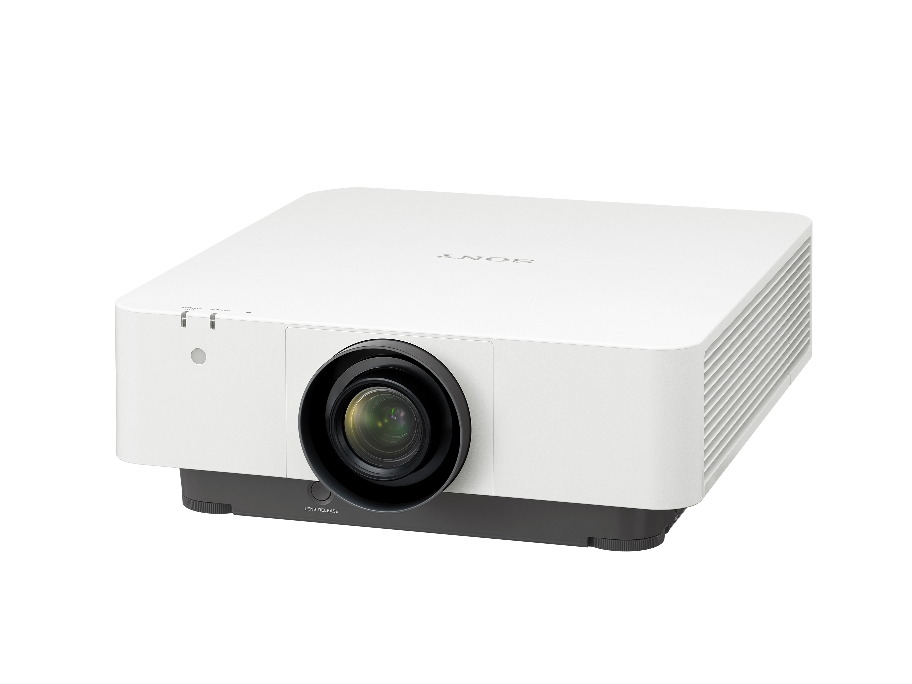Un projecteur Sony blanc avec une grande lentille. Il a une base noire et un bouton de déverrouillage.