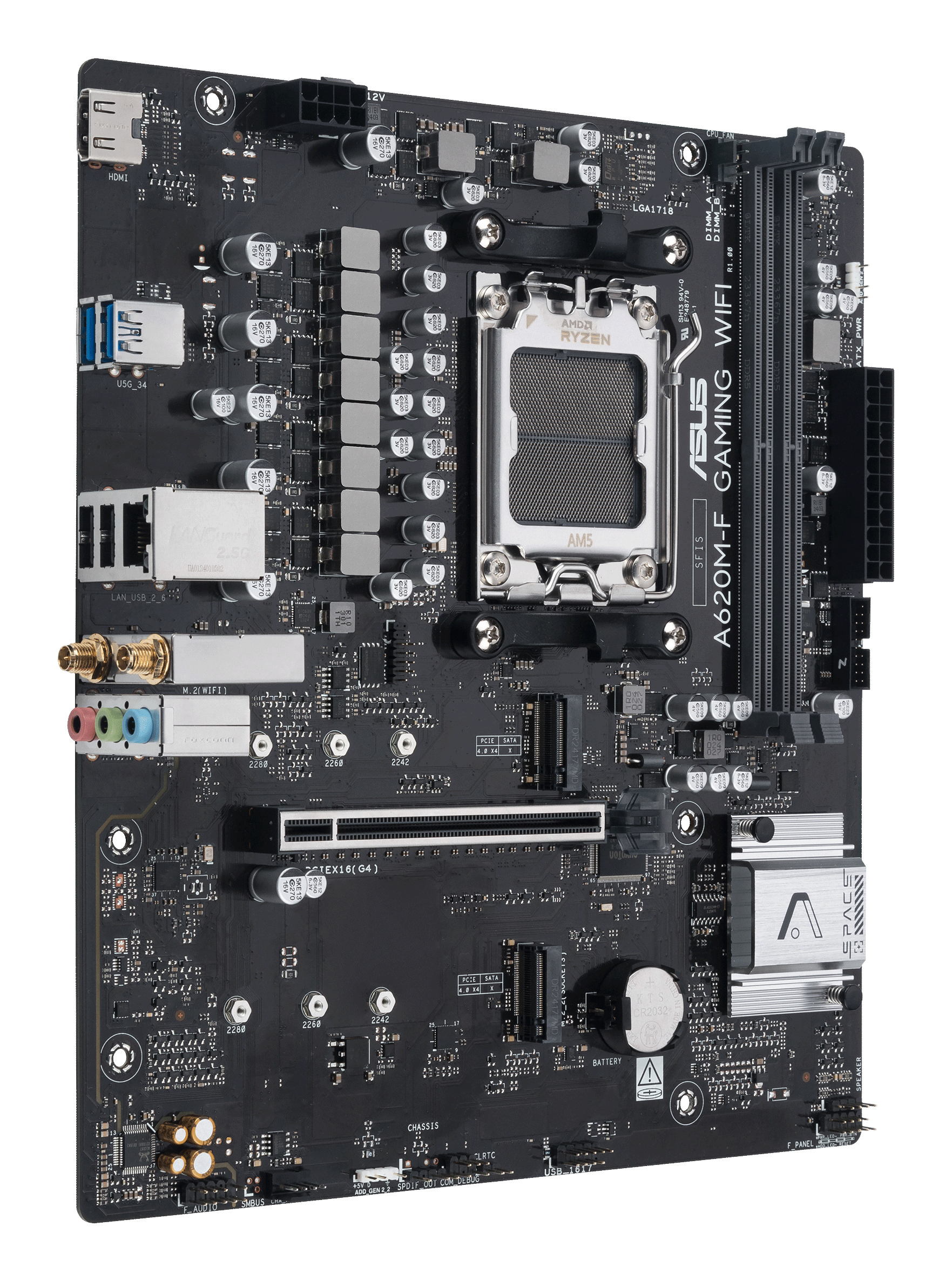 Czarna płyta główna ASUS A620M-F GAMING WIFI z różnymi elementami, w tym gniazdem CPU, slotami i złączami.