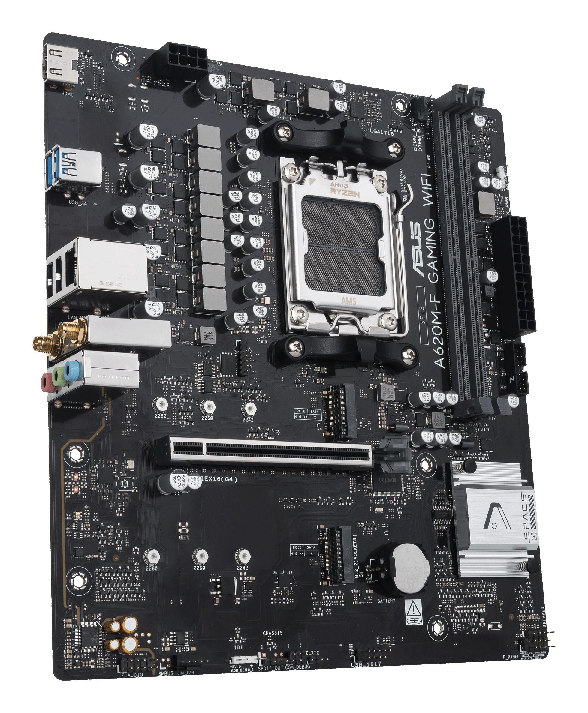 Czarna płyta główna ASUS A620M-F GAMING WIFI z różnymi komponentami, portami i gniazdami.
