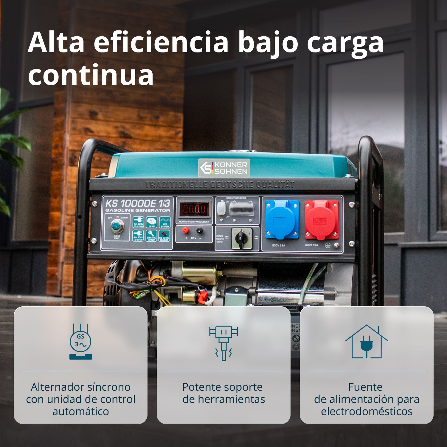 Generator z turkusowym blatem, czarną ramą i panelem sterowania. Posiada gniazda zasilania i tekst w języku hiszpańskim, w tym 'Alta eficiencia bajo carga continua'.