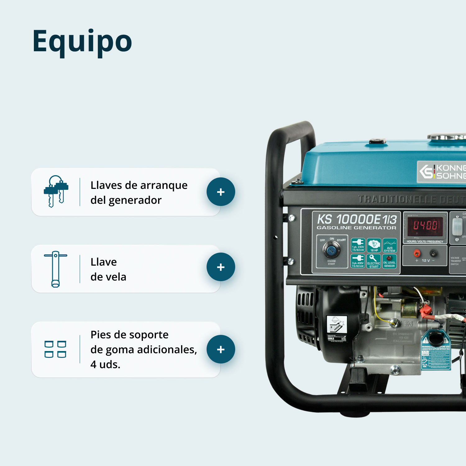 Generator z panelem sterowania i czarnym uchwytem. Tekst brzmi „Equipo”, widoczne są szczegóły takie jak „Llaves de arranque”.