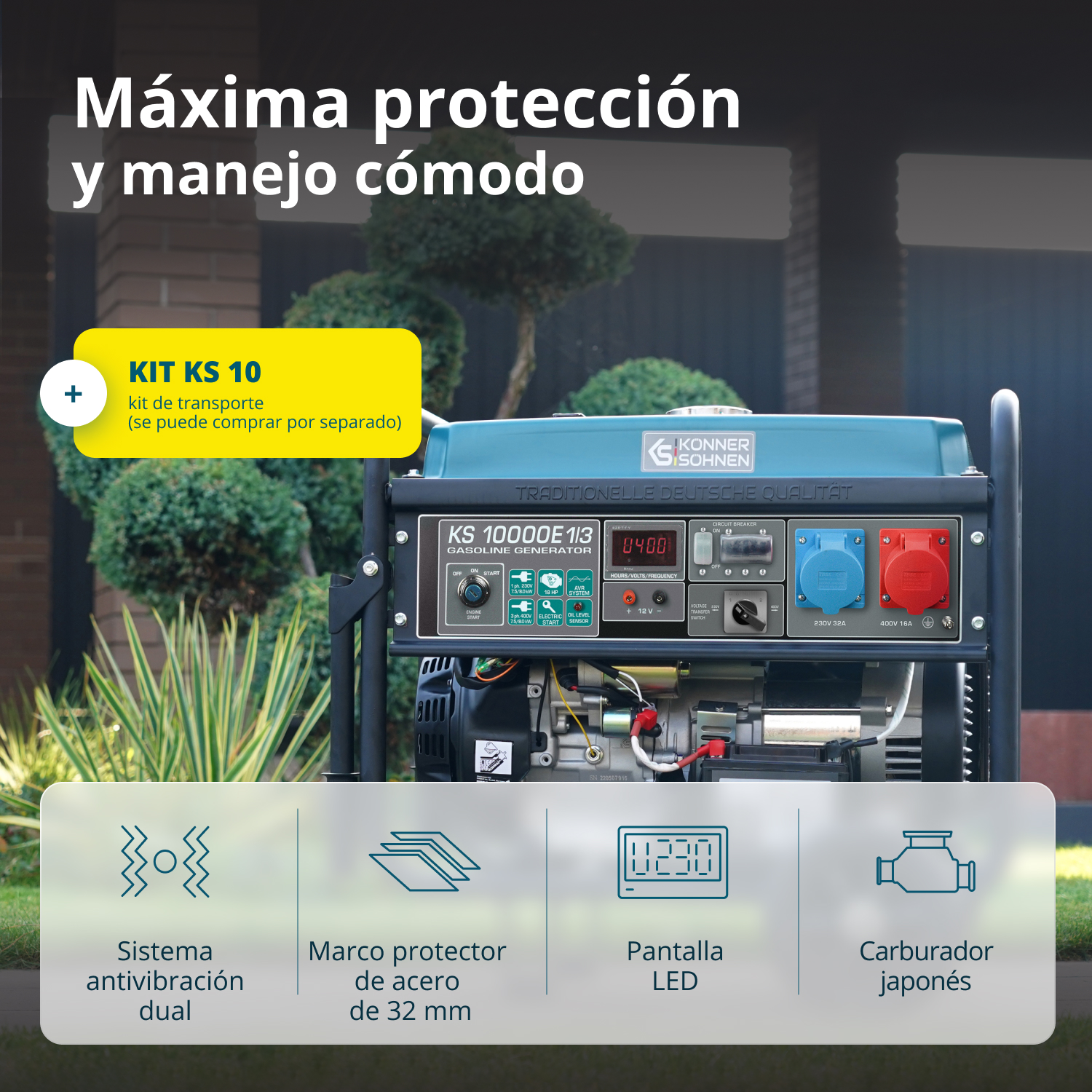 Generator z panelem sterowania i gniazdami. Cechy: antywibracja, stalowa rama, wyświetlacz LED i japoński gaźnik.