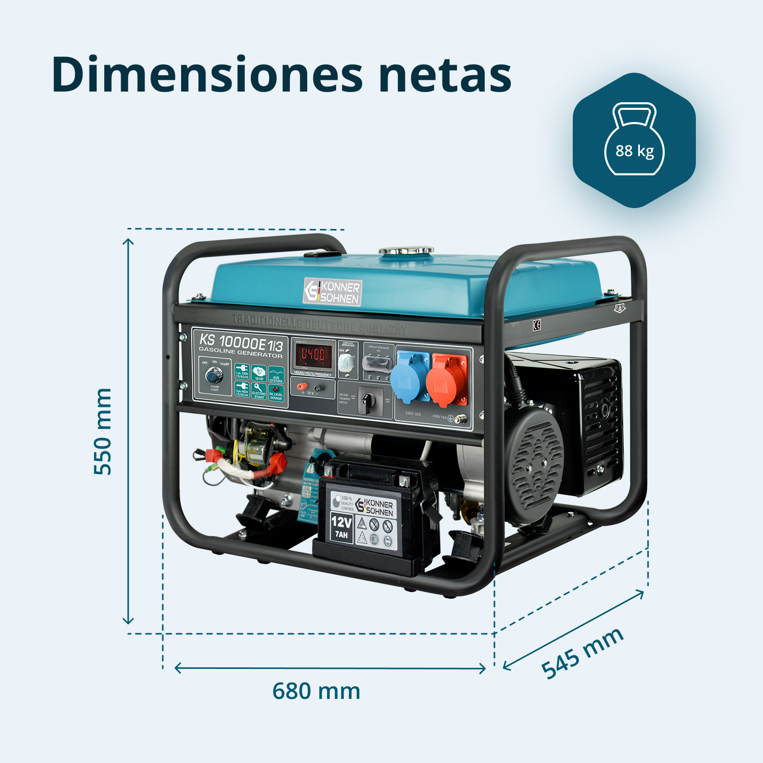 Generador con dimensiones: 680x545x550 mm. Tiene un tanque azul y un marco negro. También se muestra un peso de 88 kg.