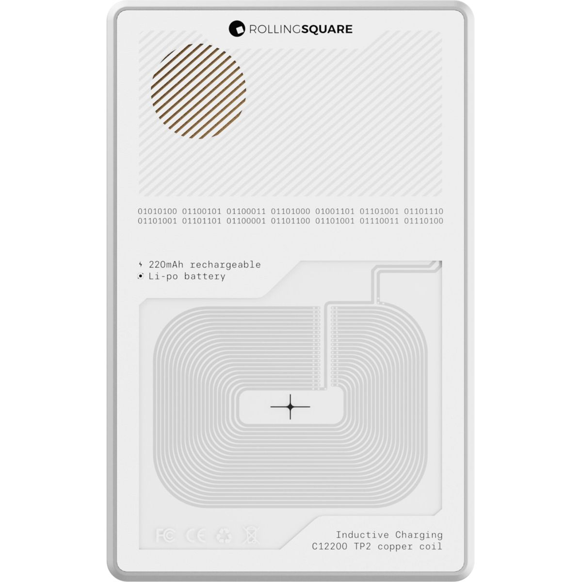 A white card with a brown striped circle, text, and a charging coil. It says 'ROLLINGSQUARE' and 'Inductive Charging'.