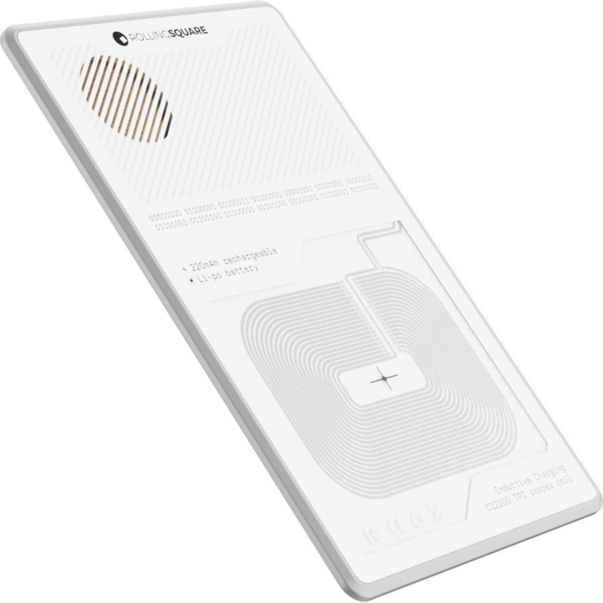 White rectangular device with Rolling Square logo, binary code, and charging details. Features a charging coil and a speaker.