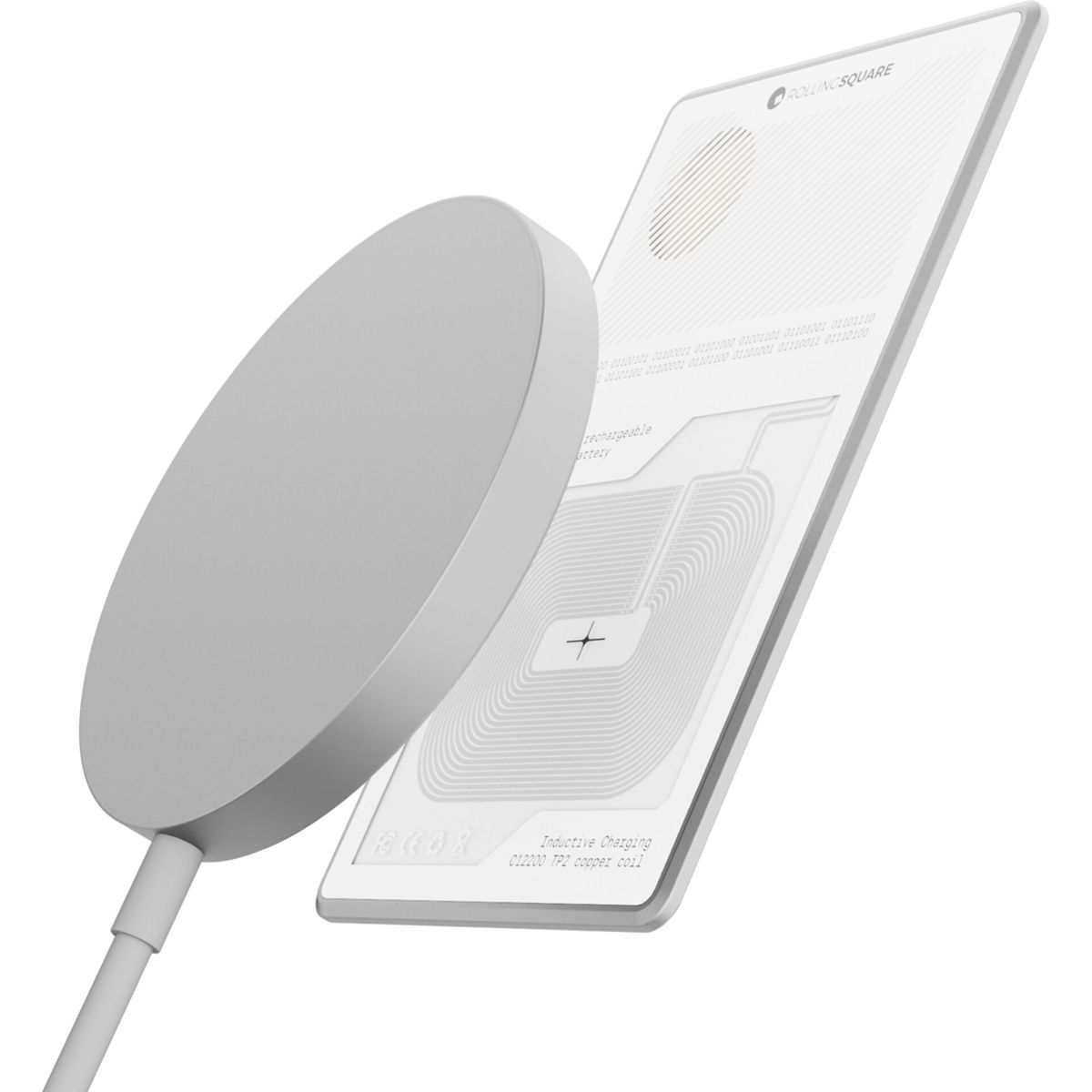 A white wireless charger with a round charging pad connected to a rectangular charging base, both with subtle design elements.