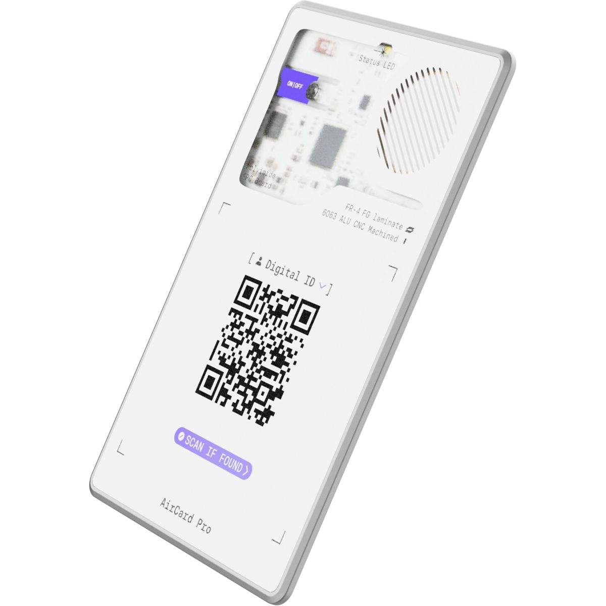 A white AirCard Pro with a QR code, on/off button, and text. It has a digital ID and 'Scan if found' text.