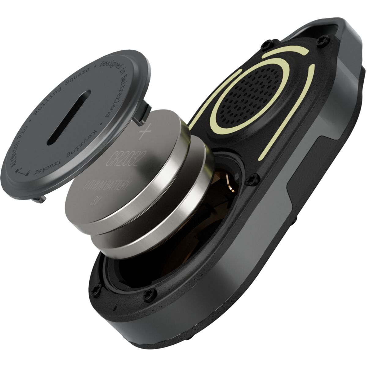 Sleutelhanger tracker met open batterijcompartiment. Een CR2032-batterij is zichtbaar. Deksel is open. Zwart en grijs apparaat met gouden accenten.