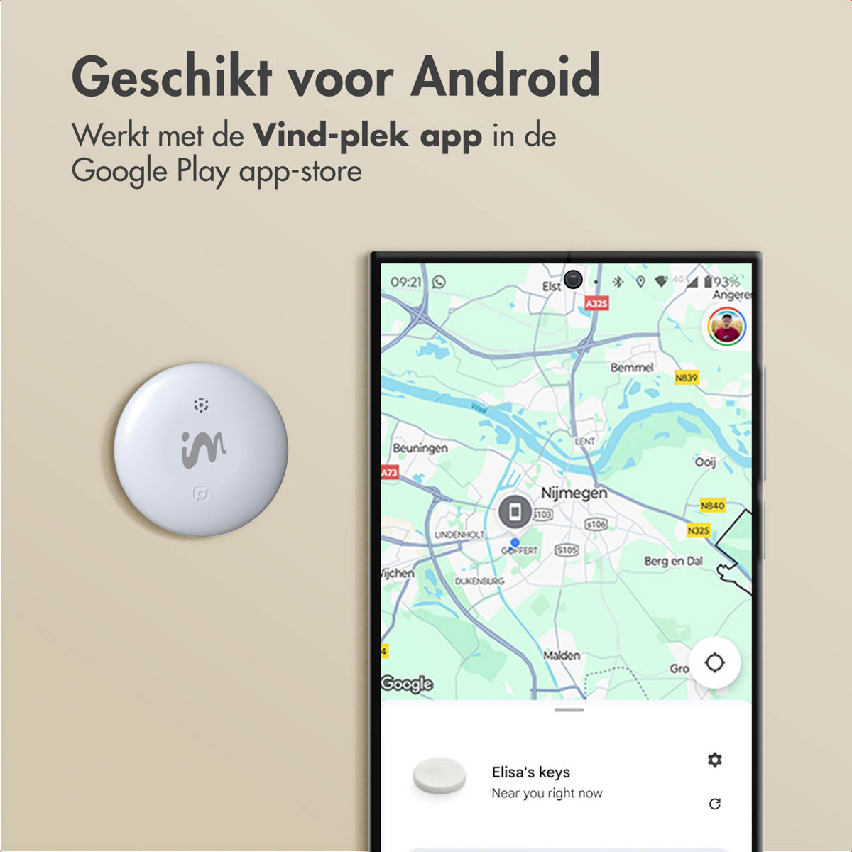 A white circular device with logo next to a phone showing a map with Nijmegen highlighted and Elisa's keys location.