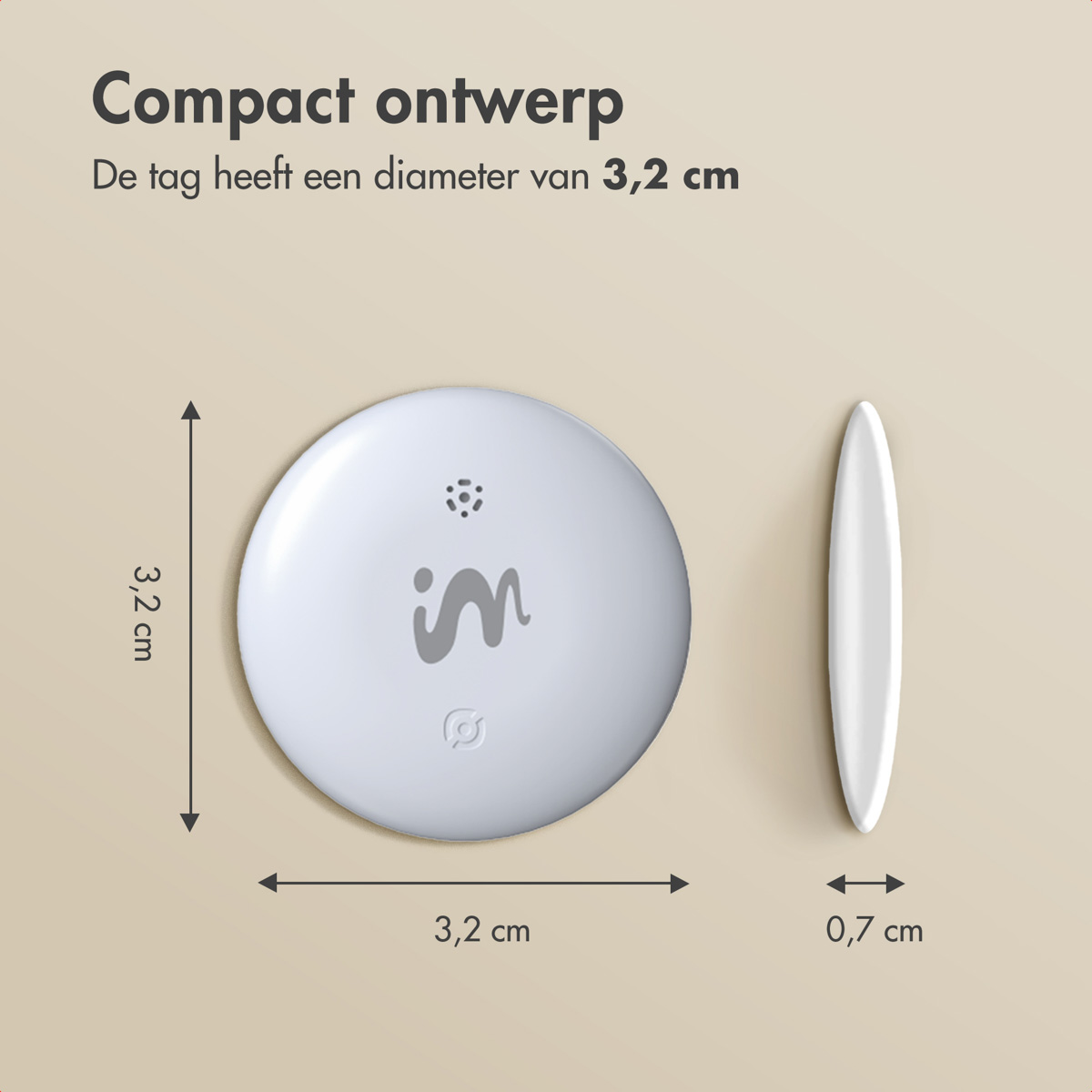 White circular tag and a side view of the tag. Text: Compact ontwerp, 3.2 cm diameter. Dimensions are displayed. Gray logo in the center.