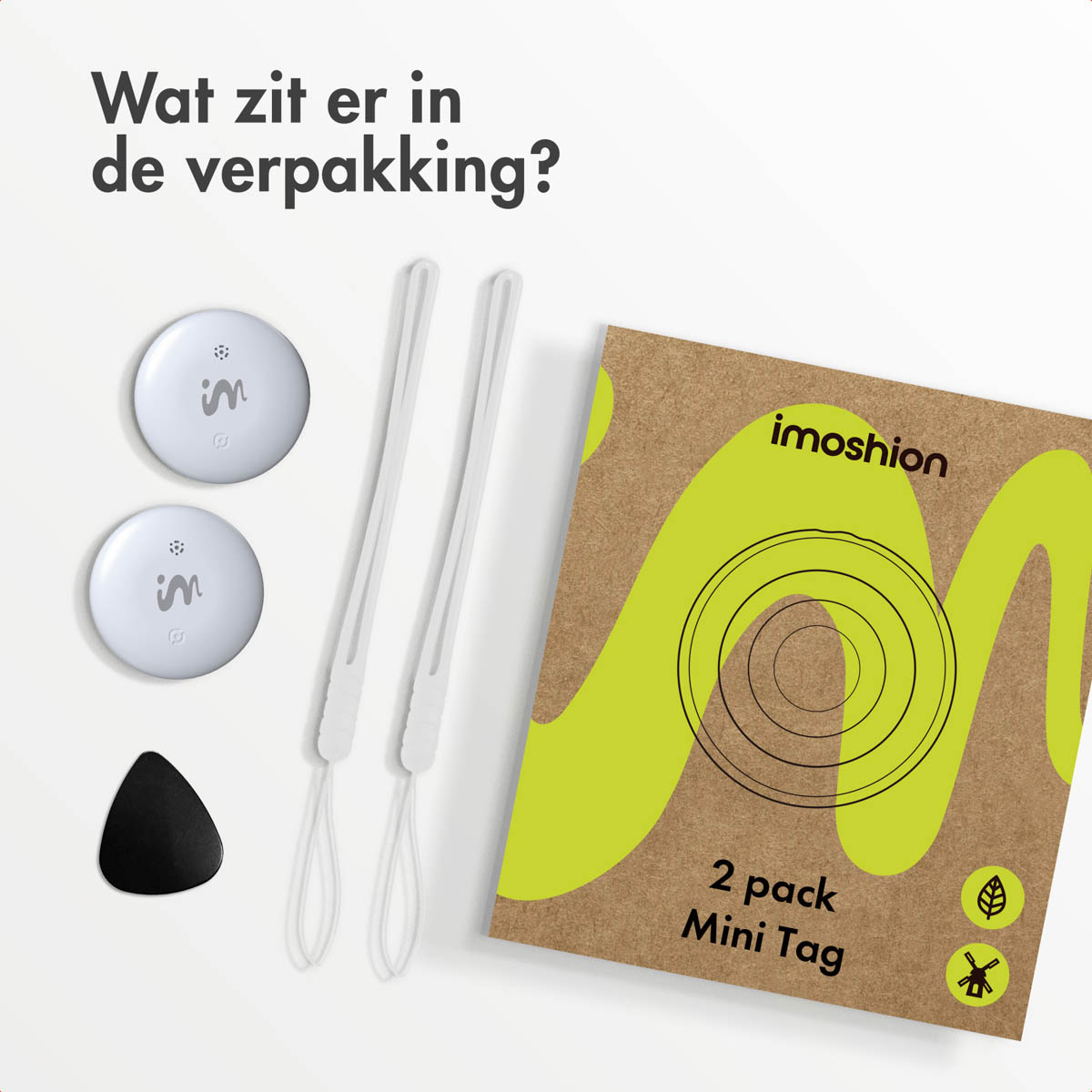 The image shows two white mini tags, two white wrist straps, a black pick, and a brown 2-pack Mini Tag box with a green design.