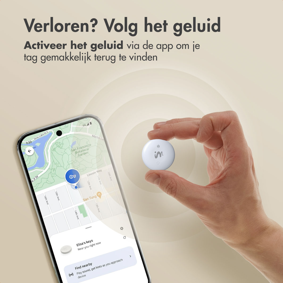 A hand holds a white circular tracker. A phone displays a map with a location pin. Text above states, "Lost? Follow the sound."